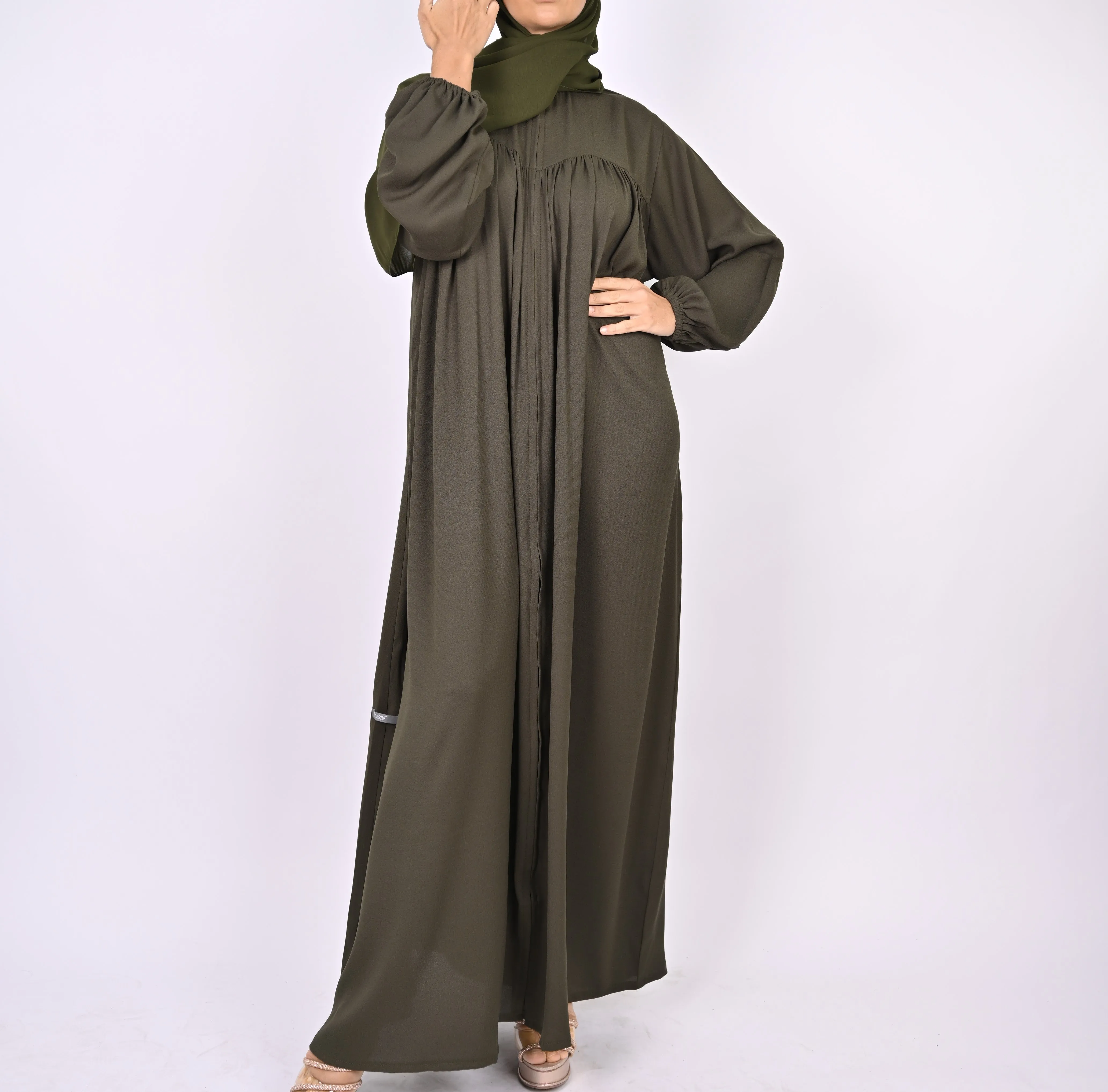 Turkish Style Abaya With Pleats - Green
