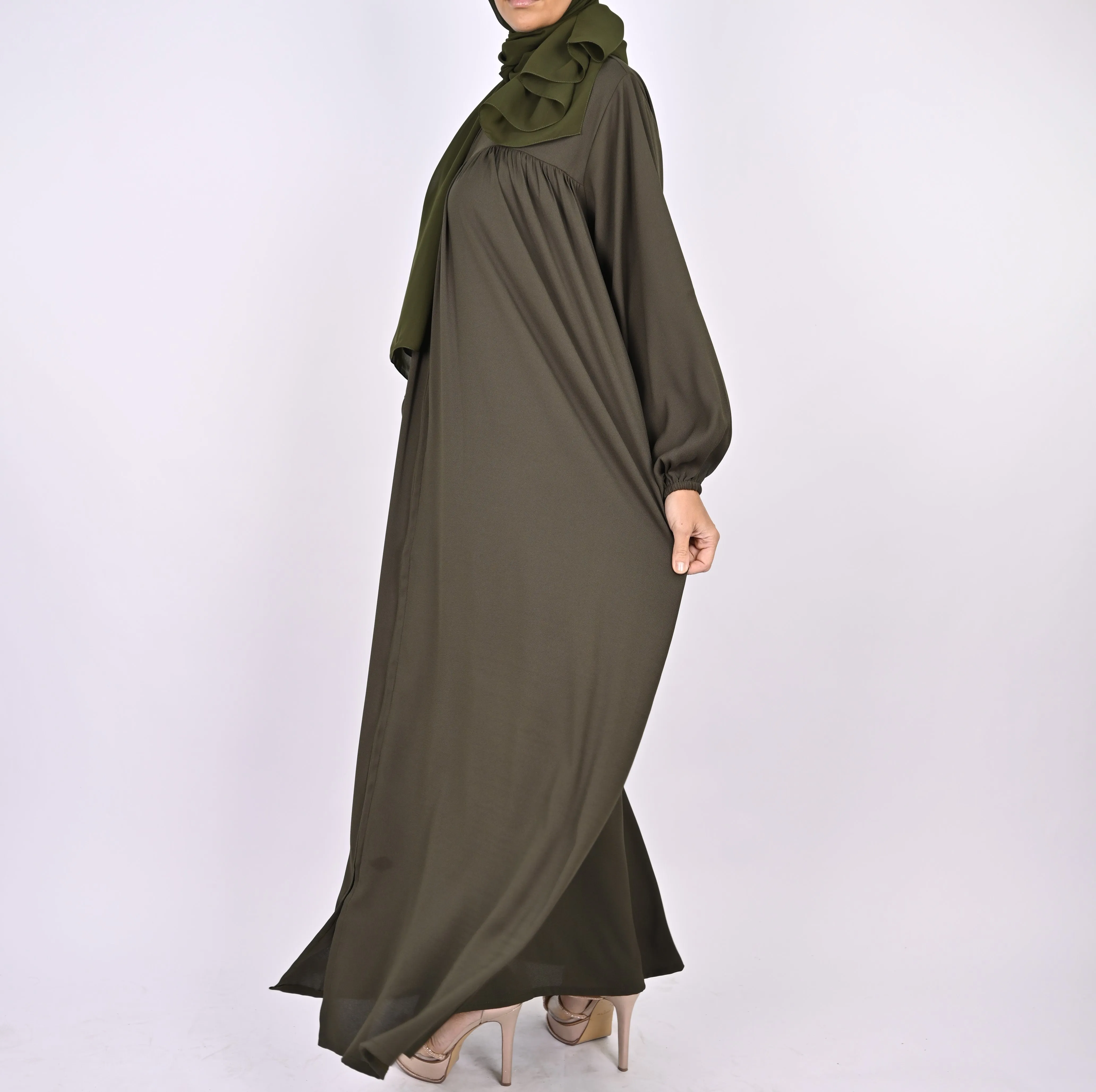 Turkish Style Abaya With Pleats - Green
