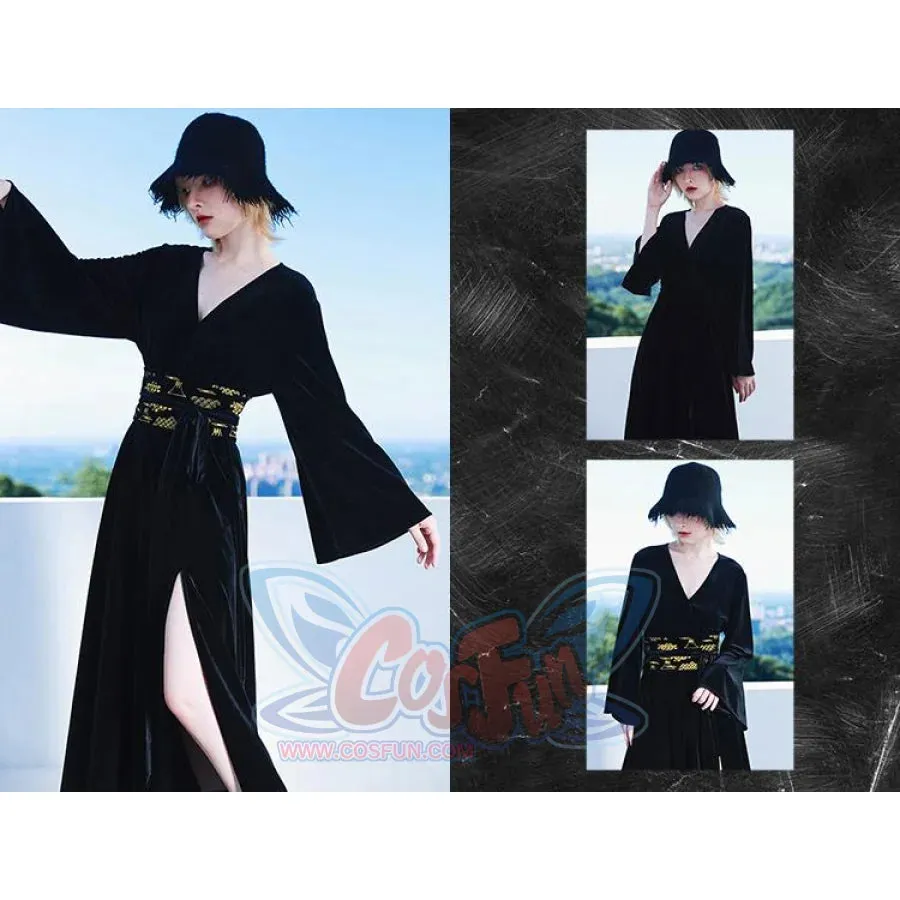 V-neck Cool Slit Kimono Improved Black Dress