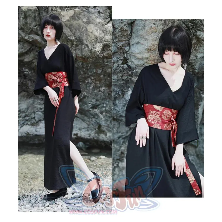 V-neck Cool Slit Kimono Improved Black Dress