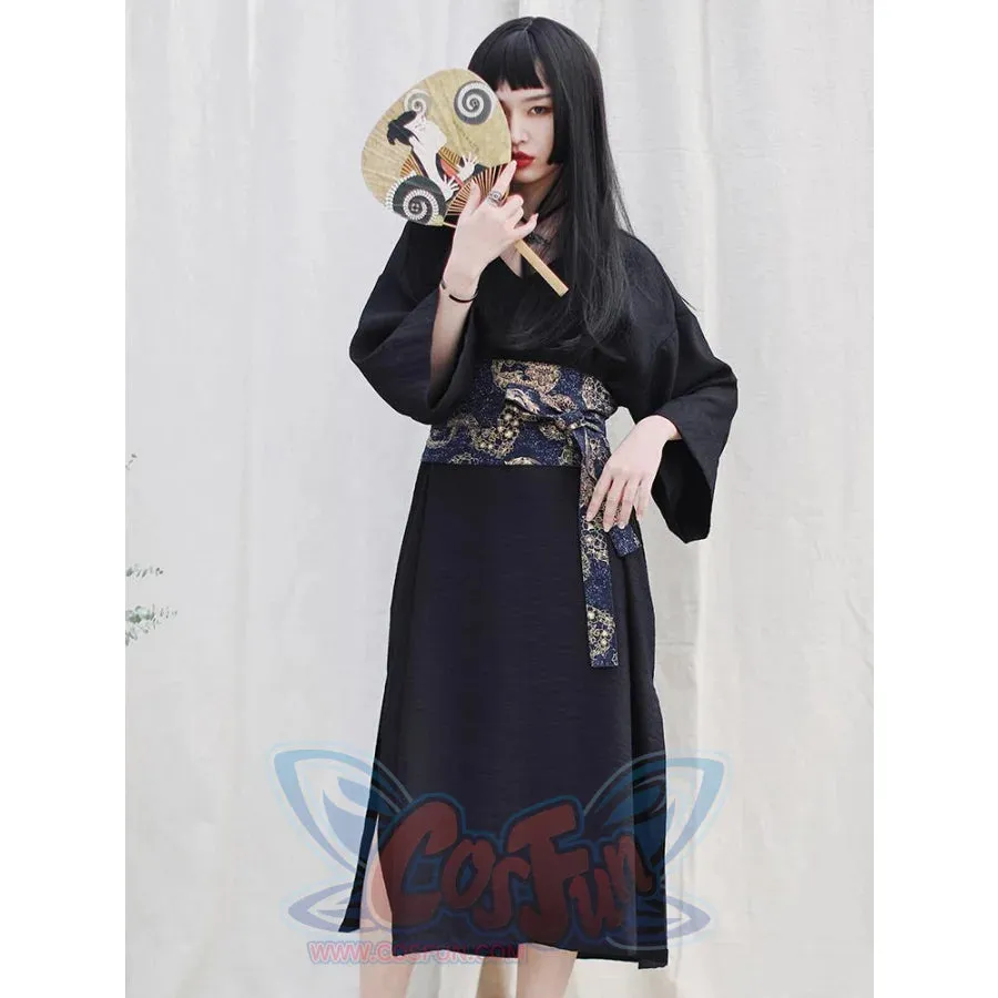 V-neck Cool Slit Kimono Improved Black Dress