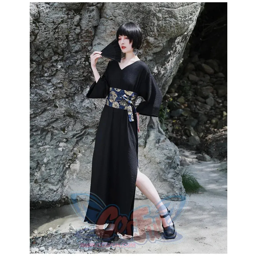 V-neck Cool Slit Kimono Improved Black Dress