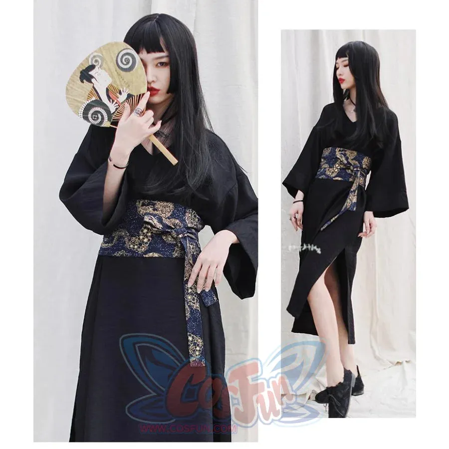 V-neck Cool Slit Kimono Improved Black Dress