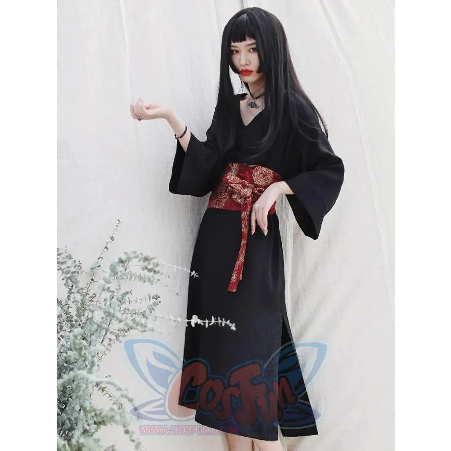 V-neck Cool Slit Kimono Improved Black Dress
