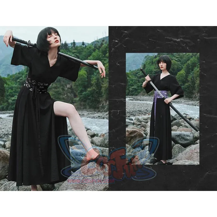 V-neck Cool Slit Kimono Improved Black Dress