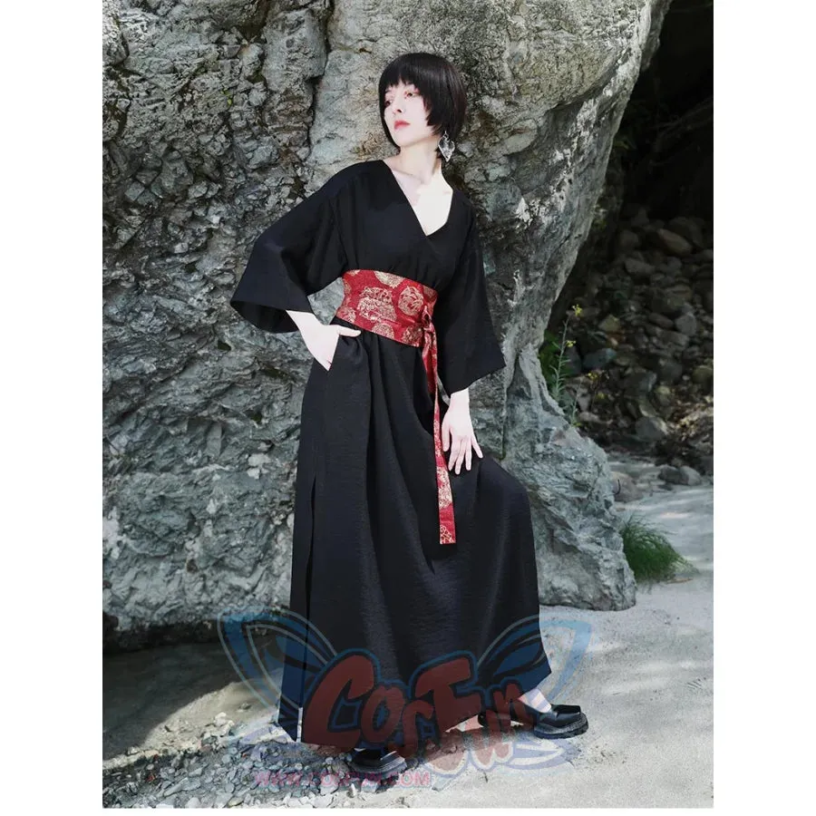 V-neck Cool Slit Kimono Improved Black Dress
