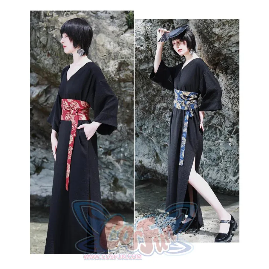 V-neck Cool Slit Kimono Improved Black Dress
