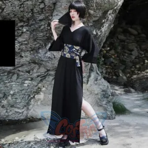 V-neck Cool Slit Kimono Improved Black Dress