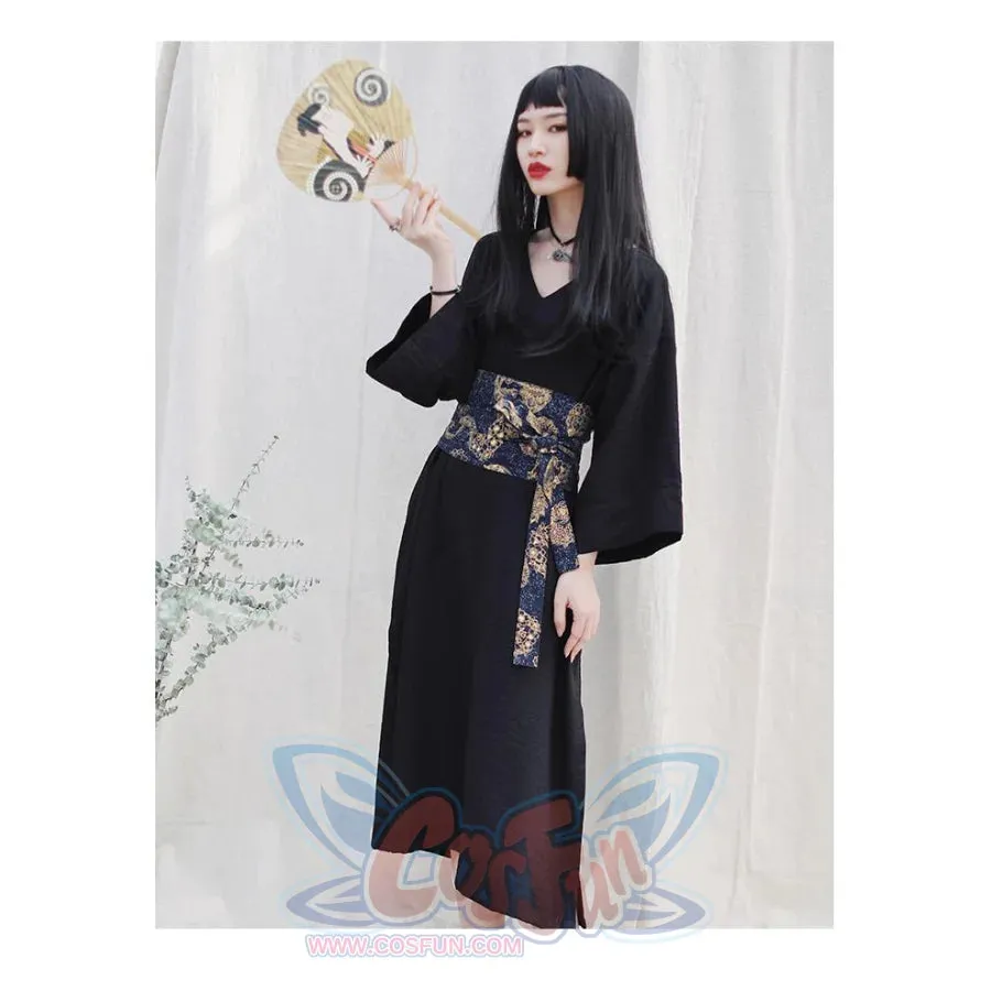 V-neck Cool Slit Kimono Improved Black Dress