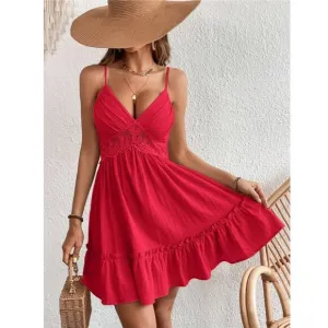 V neck guipure lace spaghetti strap mini dress boho gypsy red