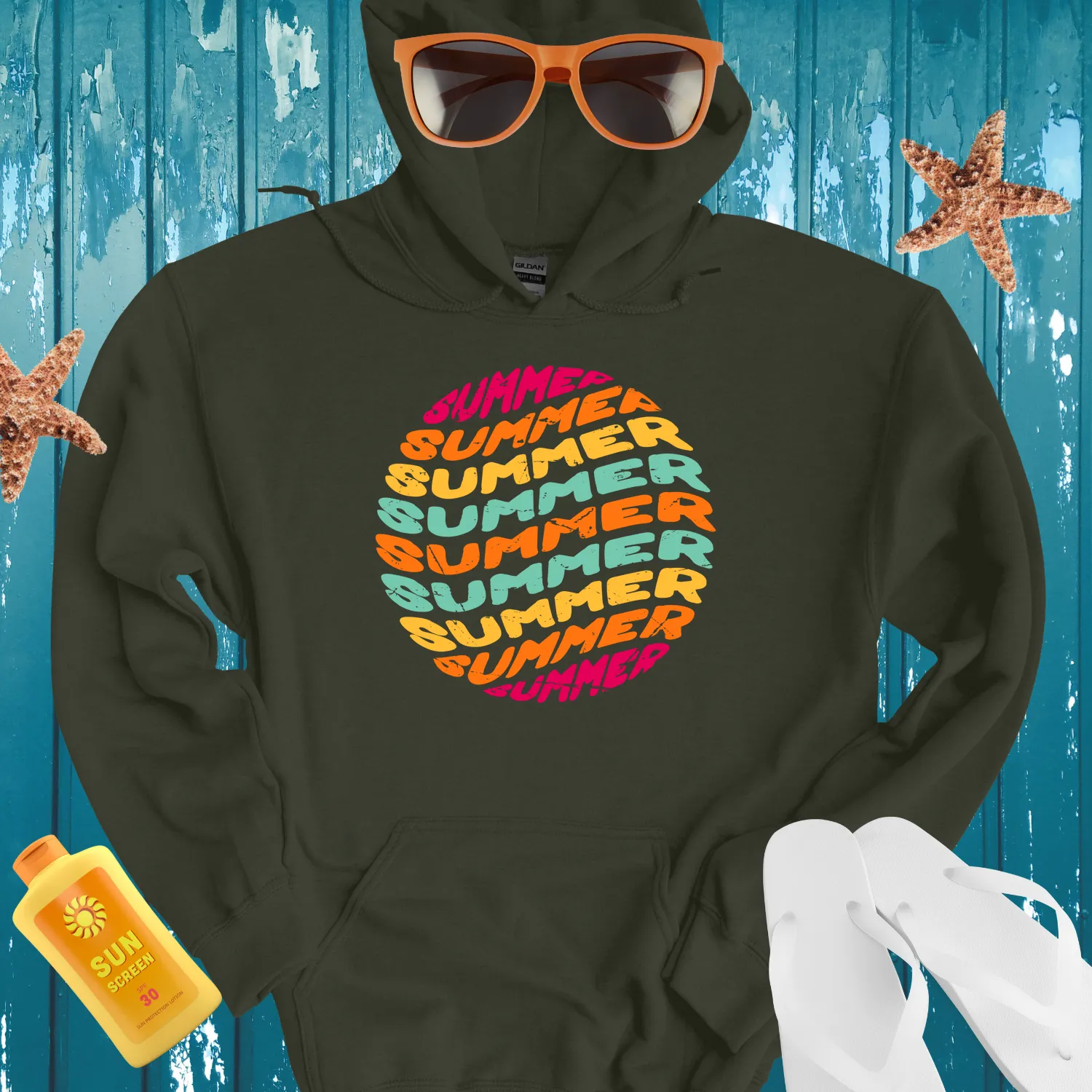 Vibrant Summer Vintage Style Hoodie Black Background