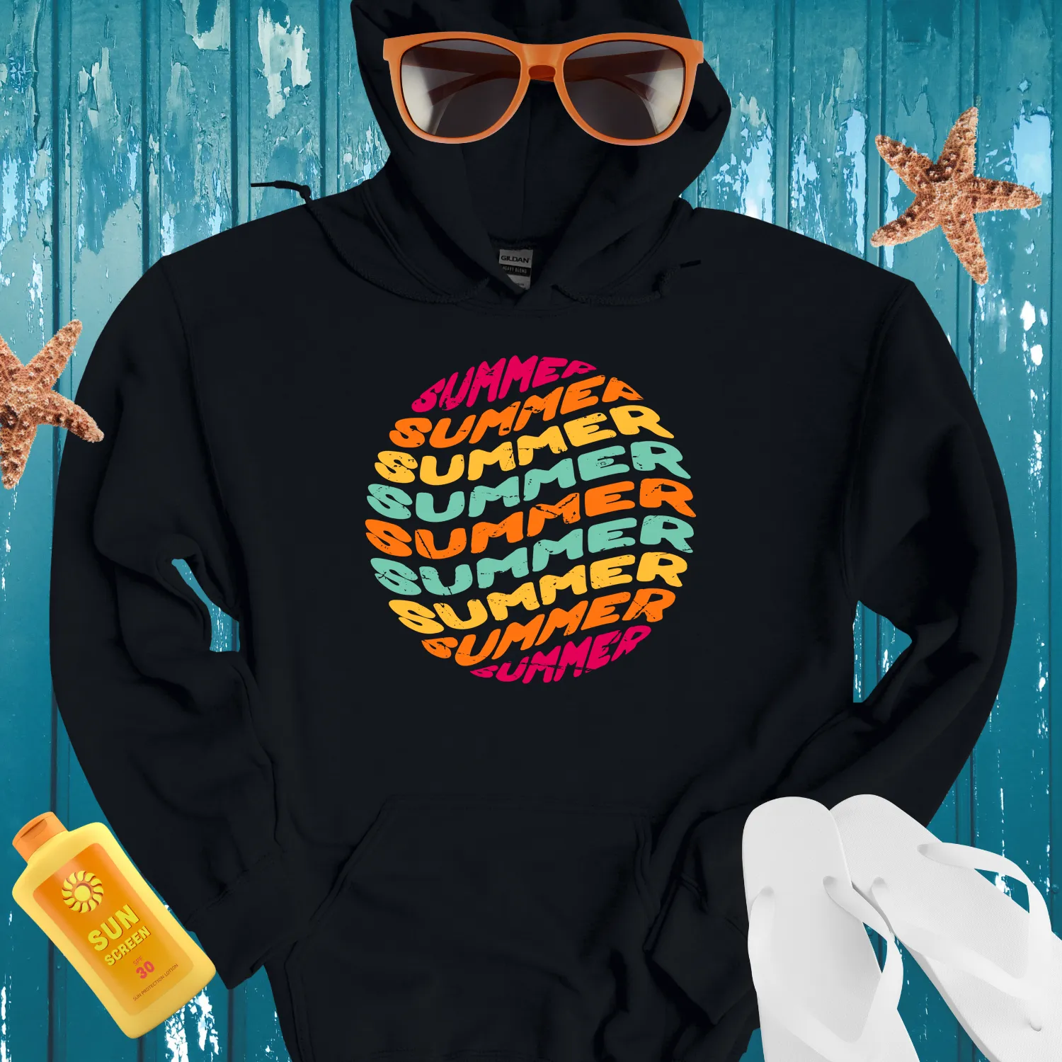 Vibrant Summer Vintage Style Hoodie Black Background