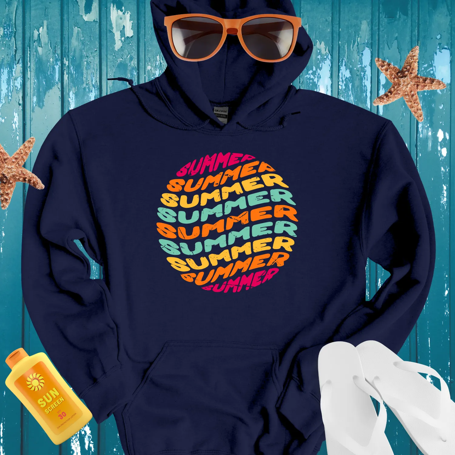 Vibrant Summer Vintage Style Hoodie Black Background