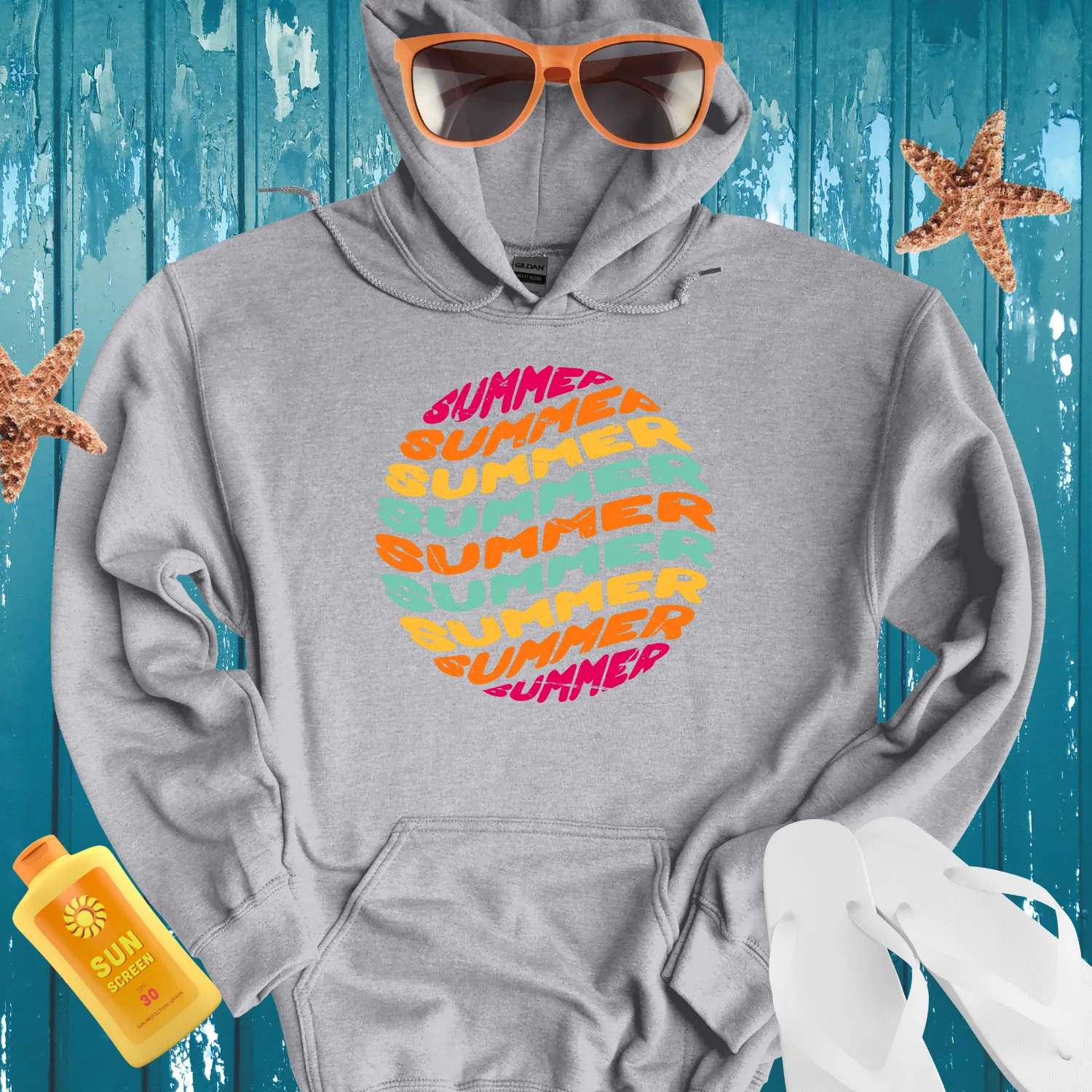Vibrant Summer Vintage Style Hoodie Black Background