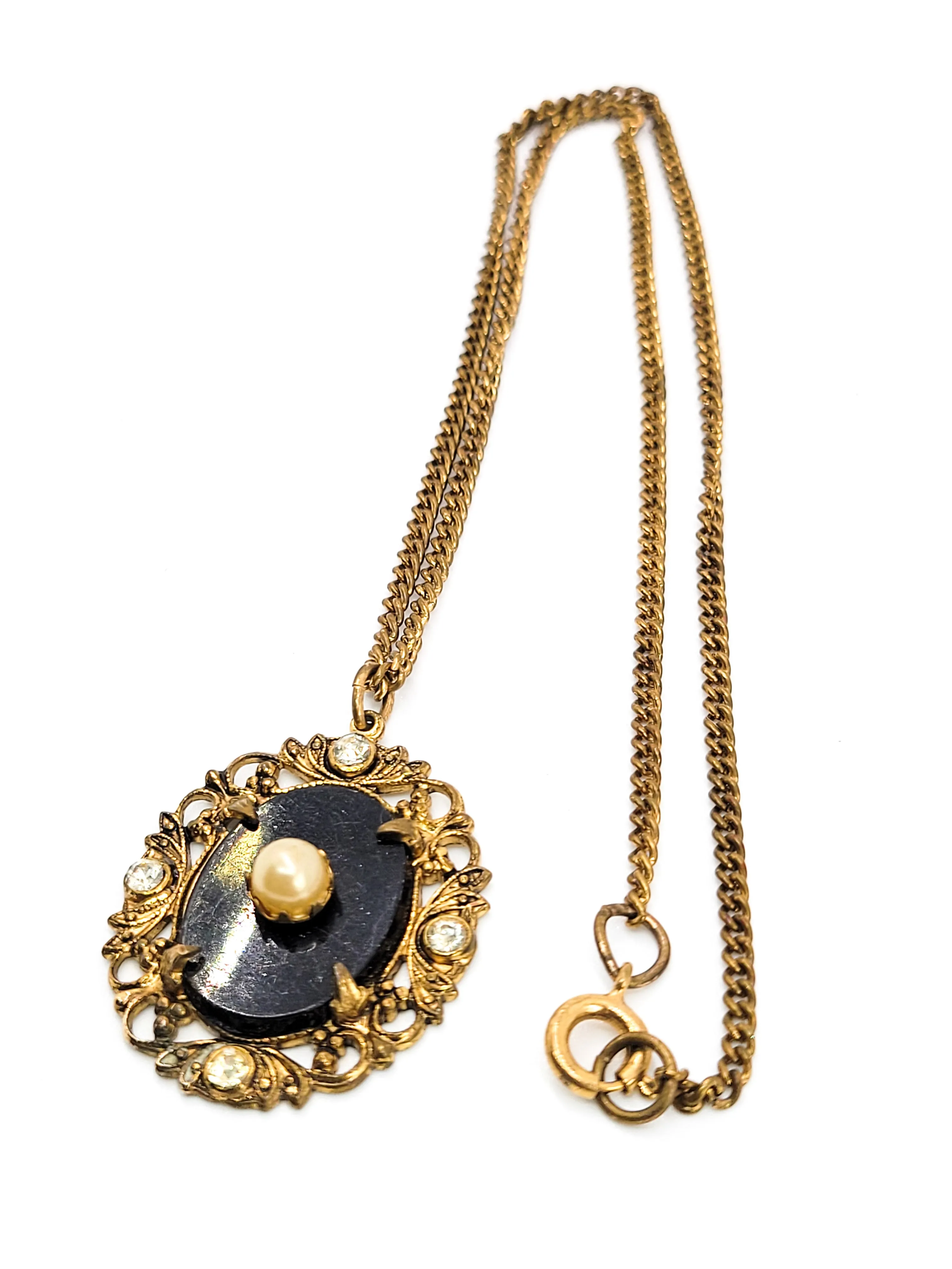 Victorian Revival faux pearl and rhinestone vintage gold toned necklace