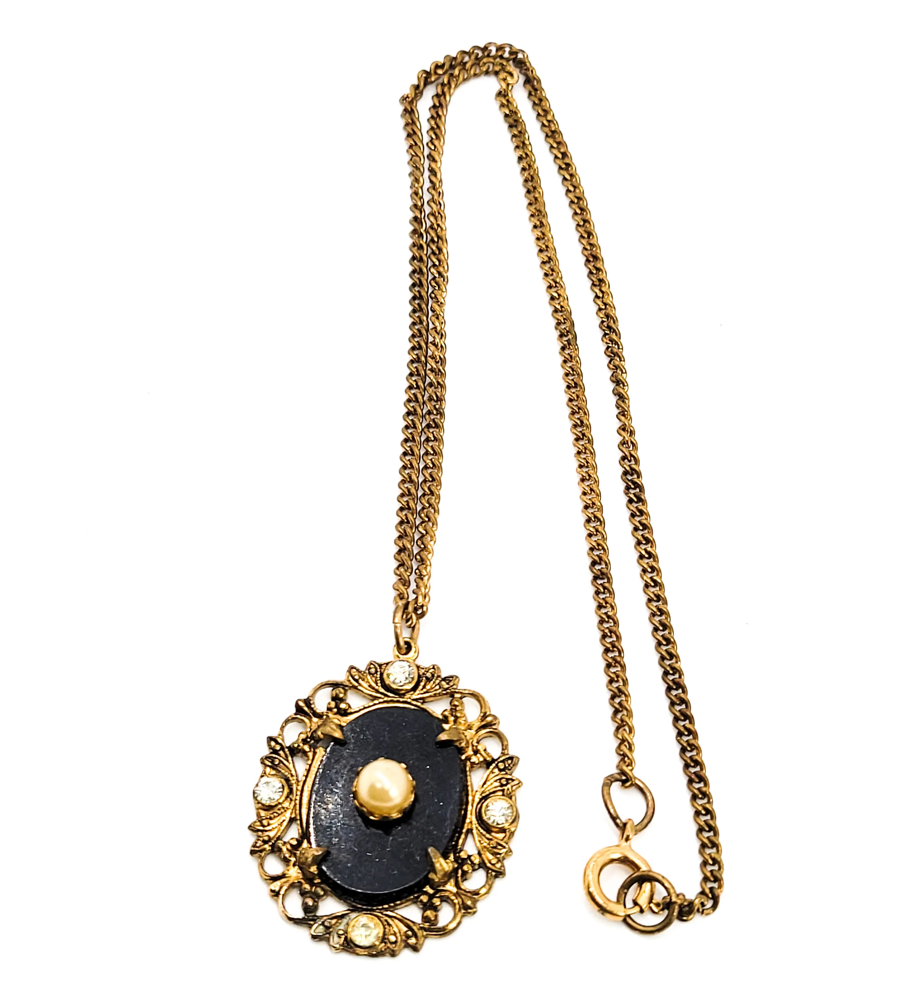 Victorian Revival faux pearl and rhinestone vintage gold toned necklace