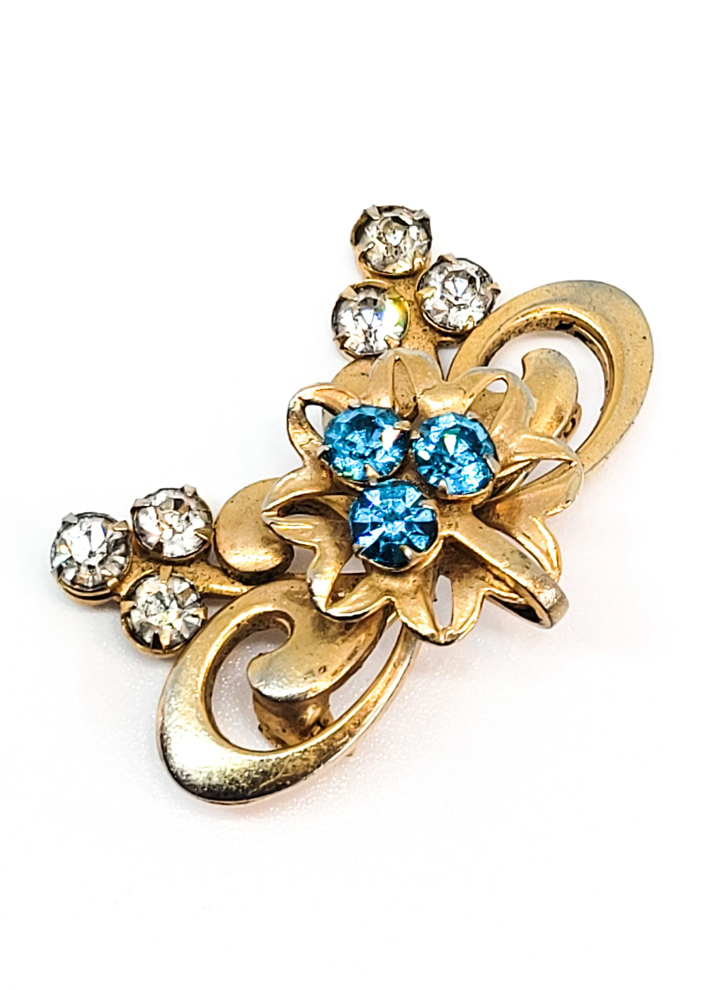 Victorian Revival gold filled aqua blue rhinestone vintage brooch pin mid century