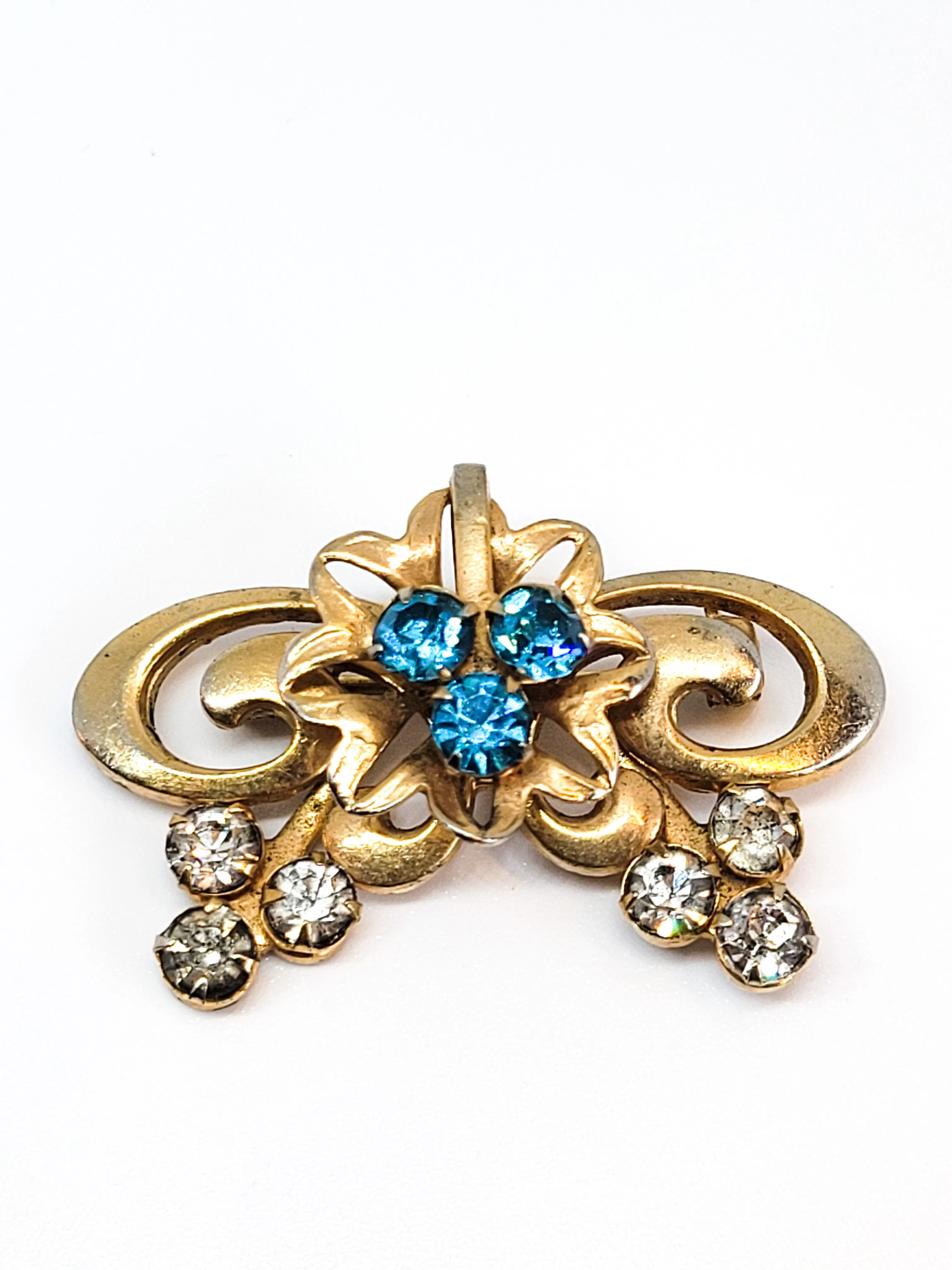Victorian Revival gold filled aqua blue rhinestone vintage brooch pin mid century