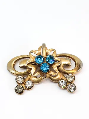 Victorian Revival gold filled aqua blue rhinestone vintage brooch pin mid century