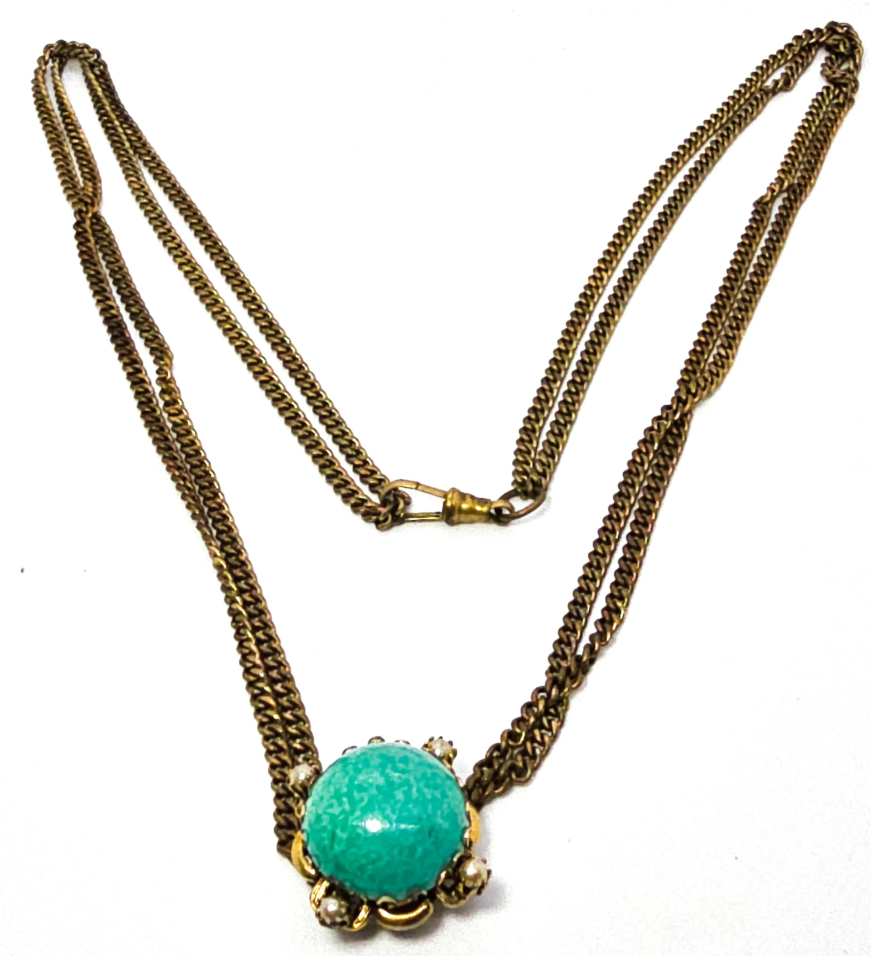 Victorian Revival green peking glass faux pearl  gold plate vintage slider pendant necklace