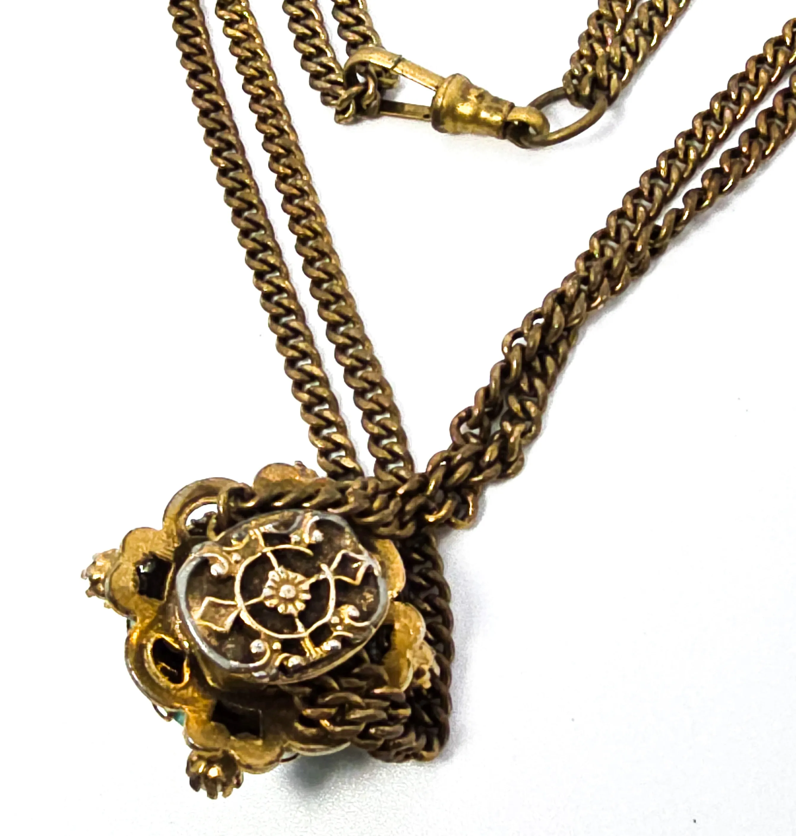 Victorian Revival green peking glass faux pearl  gold plate vintage slider pendant necklace