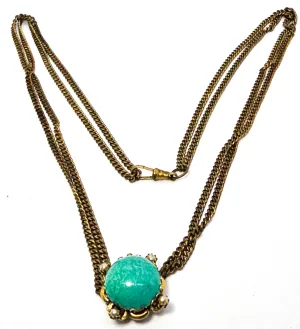 Victorian Revival green peking glass faux pearl  gold plate vintage slider pendant necklace