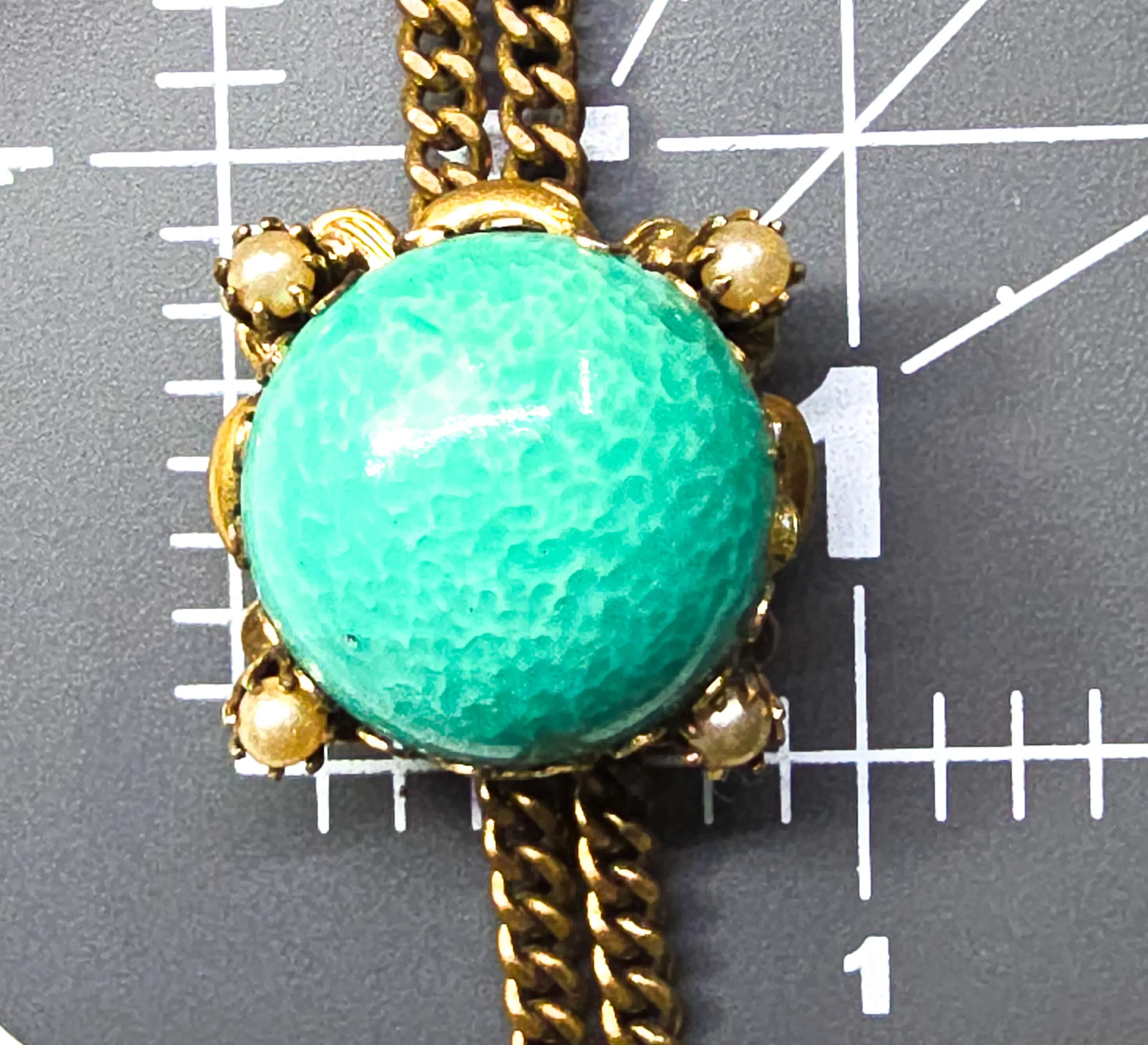 Victorian Revival green peking glass faux pearl  gold plate vintage slider pendant necklace