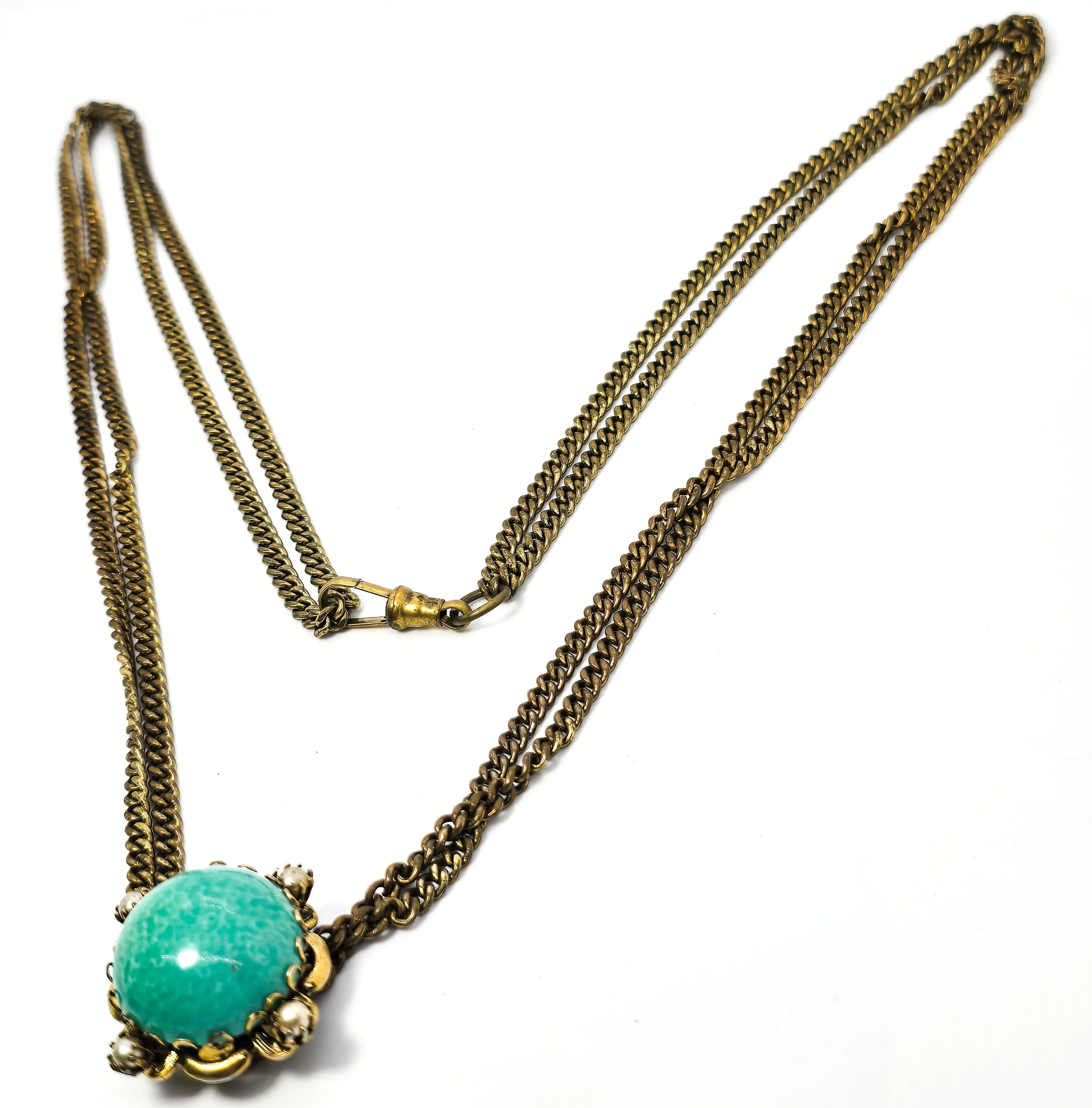 Victorian Revival green peking glass faux pearl  gold plate vintage slider pendant necklace