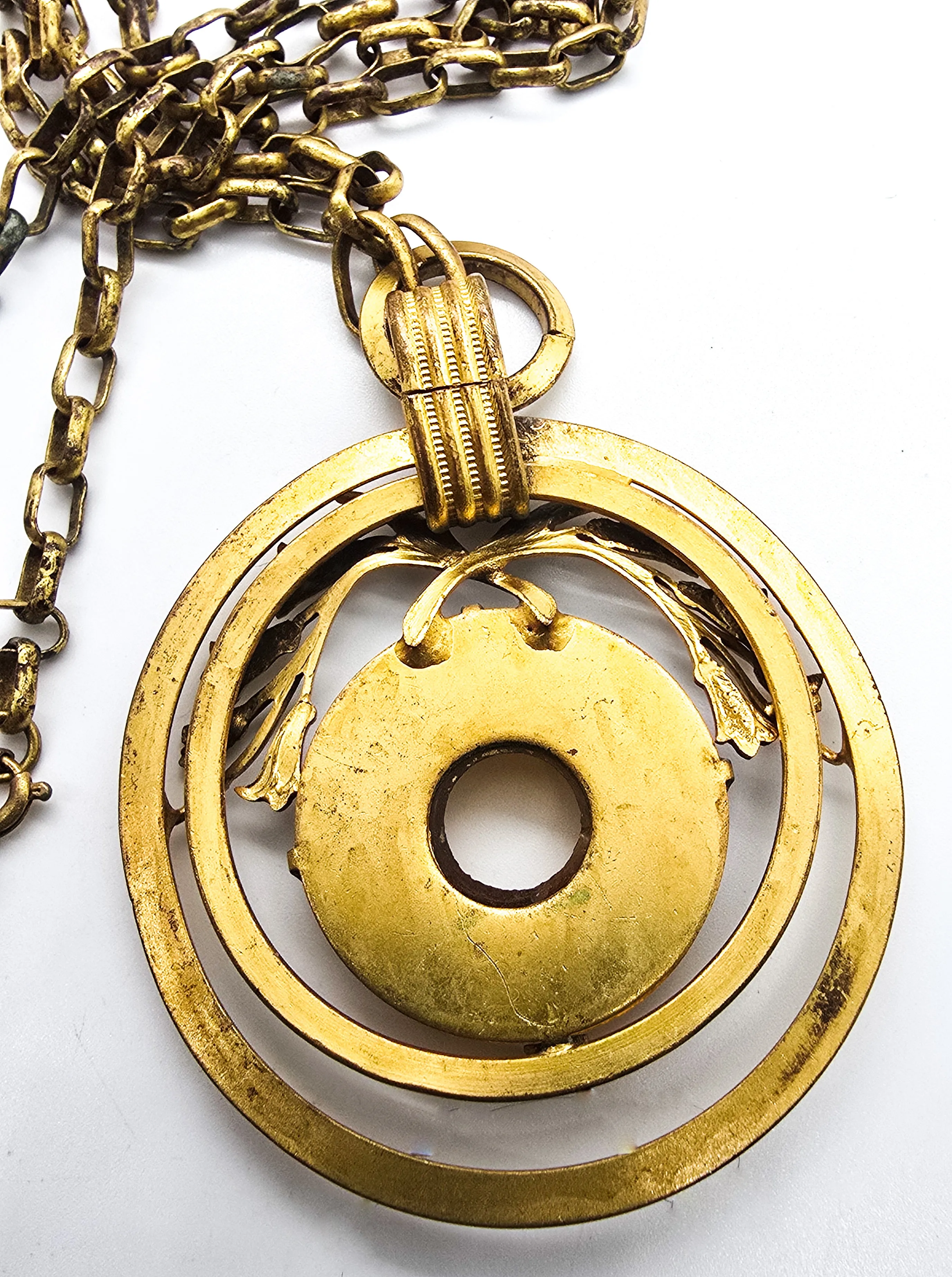 Victorian Revival honey Lucite vintage polished brass donut necklace