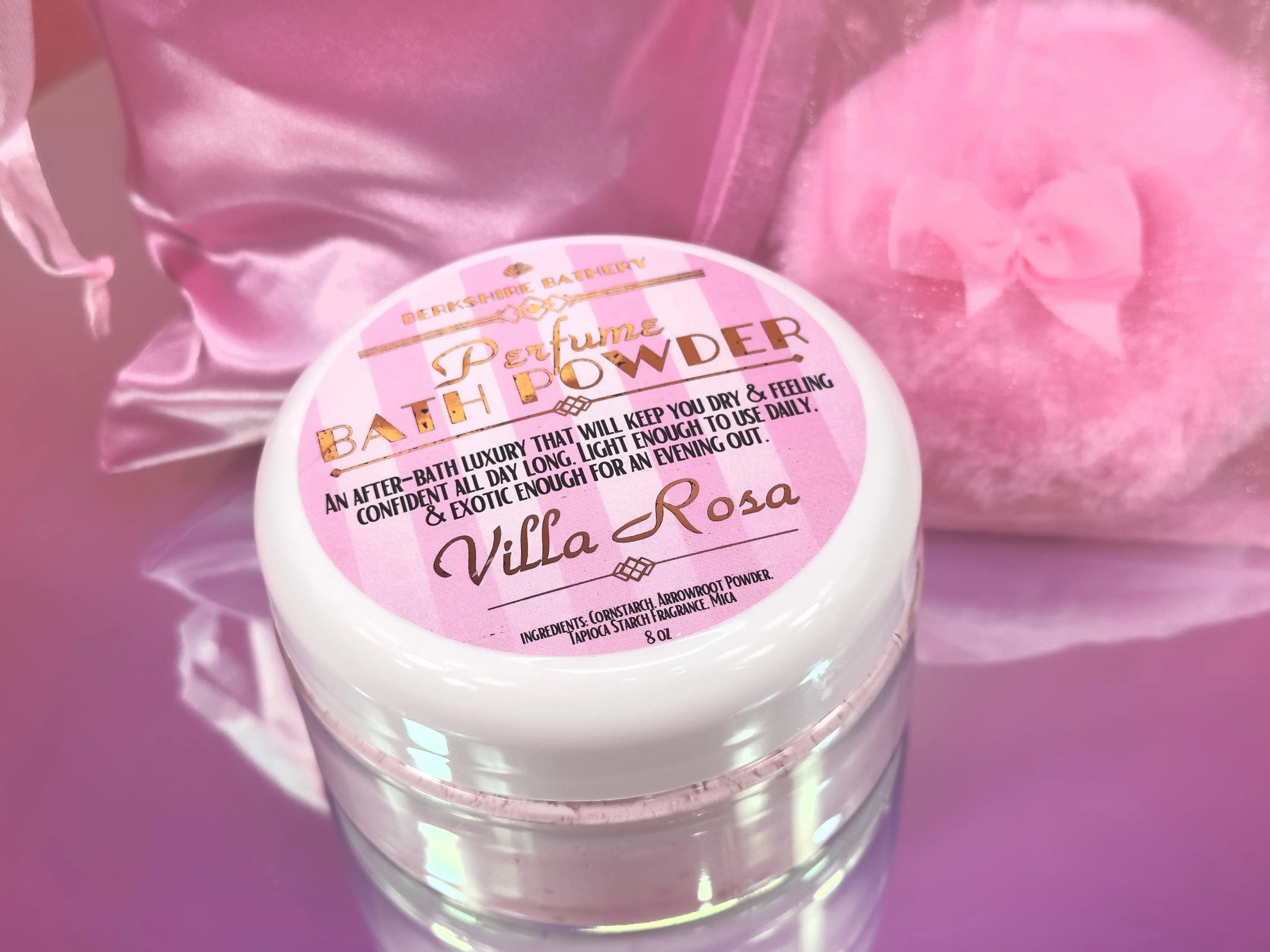 VILLA ROSA | Vintage Style Perfumed Body Powder   Pink Puff Applicator - 8 oz