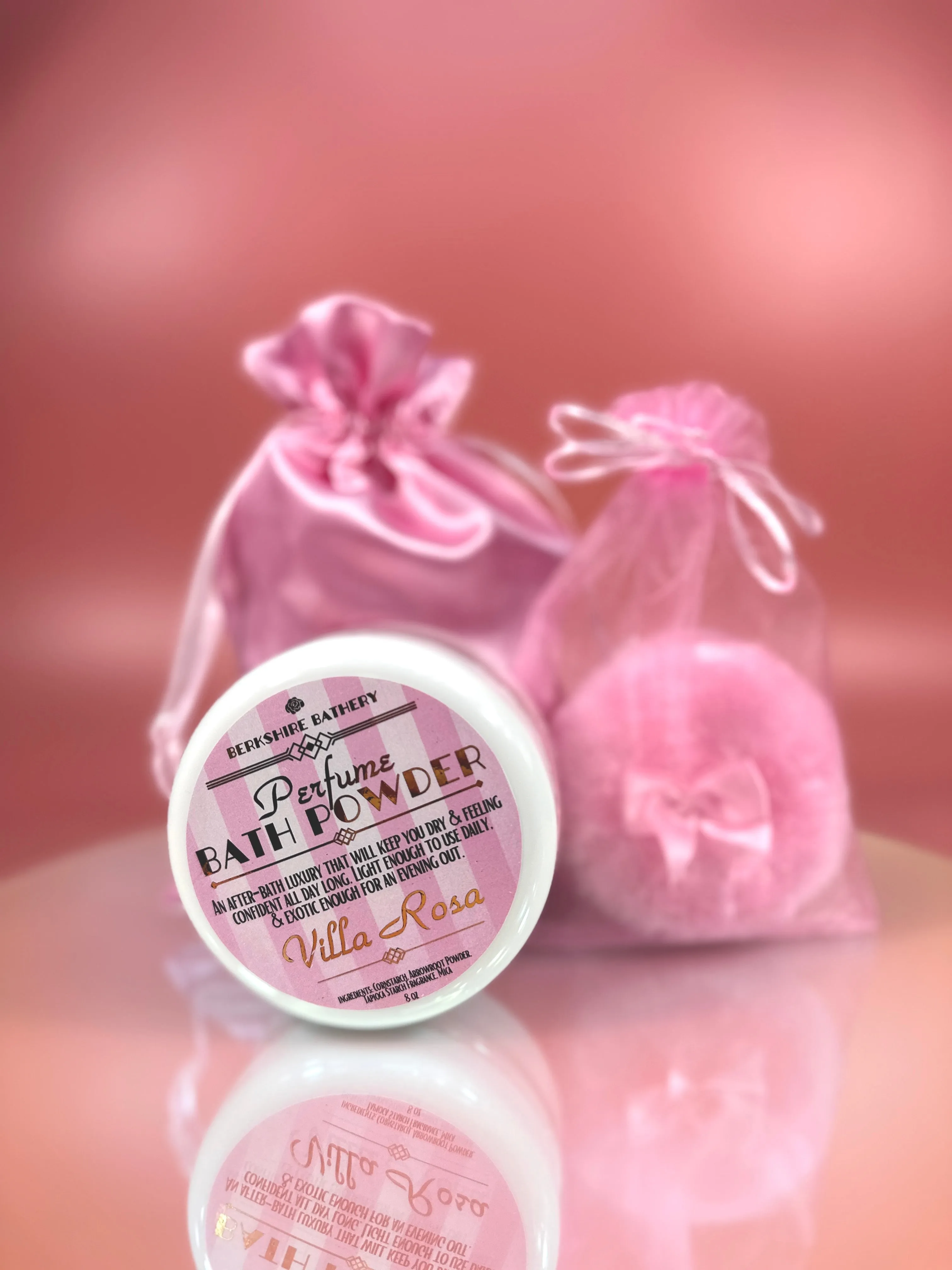 VILLA ROSA | Vintage Style Perfumed Body Powder   Pink Puff Applicator - 8 oz