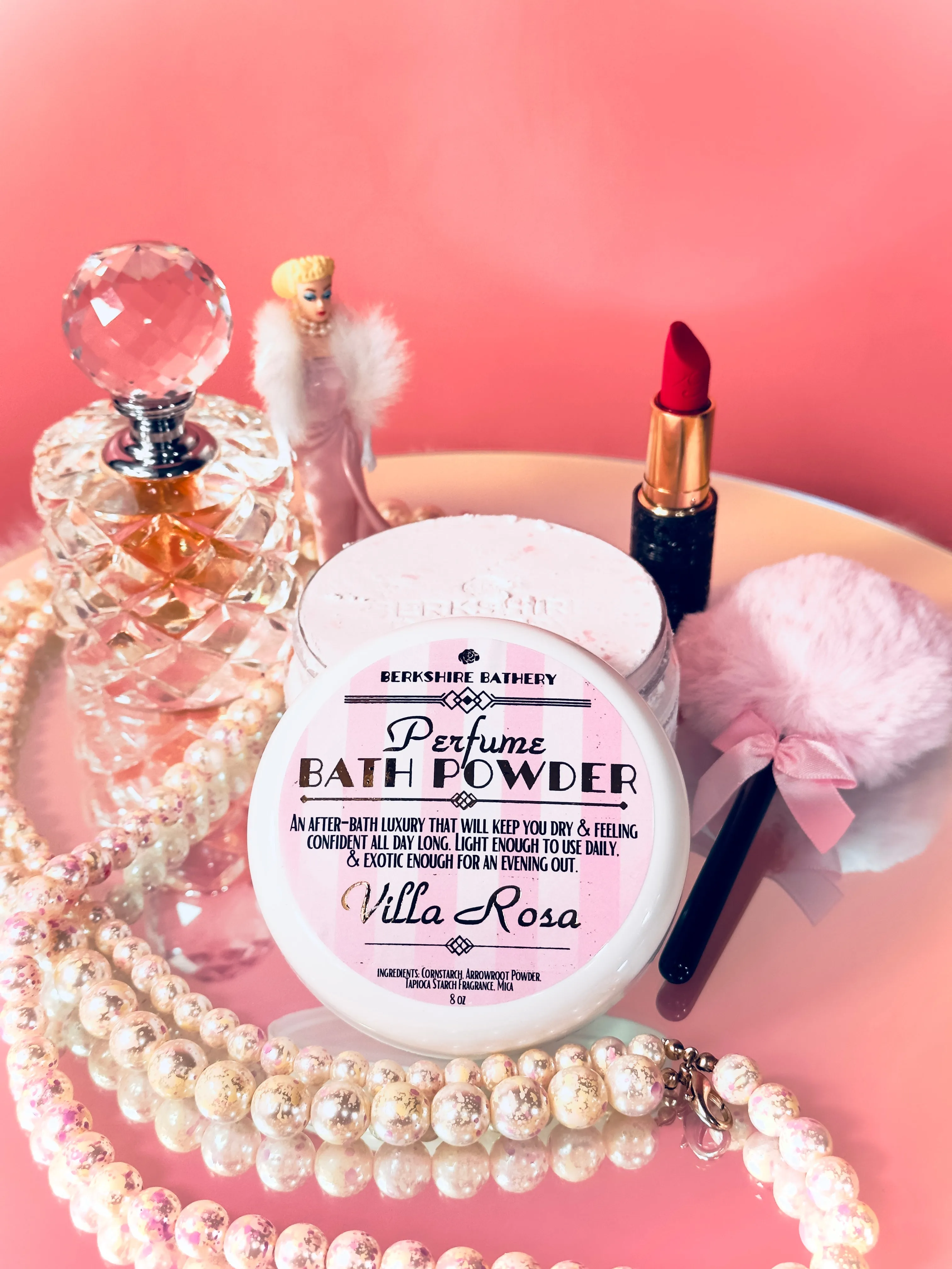 VILLA ROSA | Vintage Style Perfumed Body Powder   Pink Puff Applicator - 8 oz