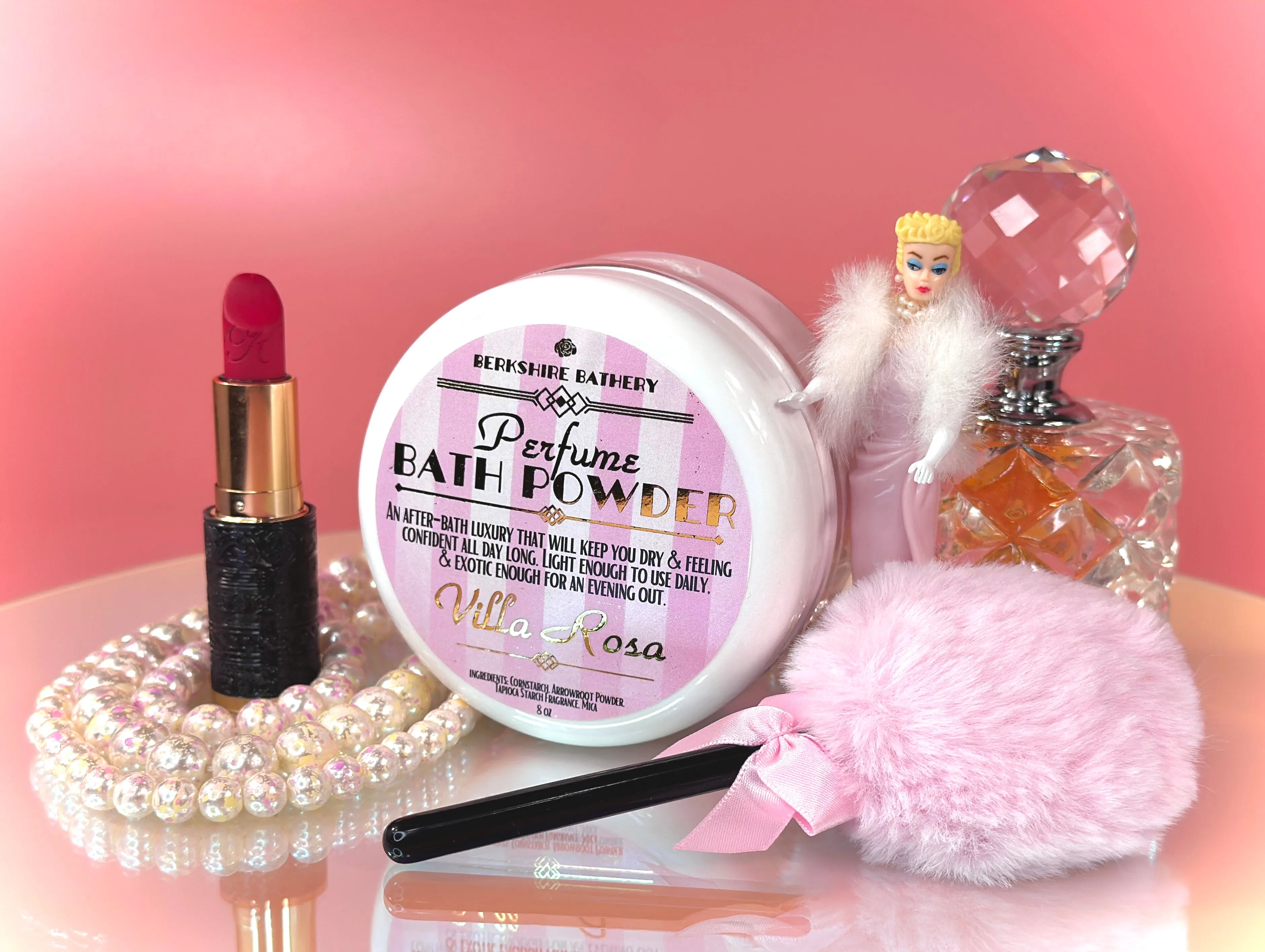 VILLA ROSA | Vintage Style Perfumed Body Powder   Pink Puff Applicator - 8 oz