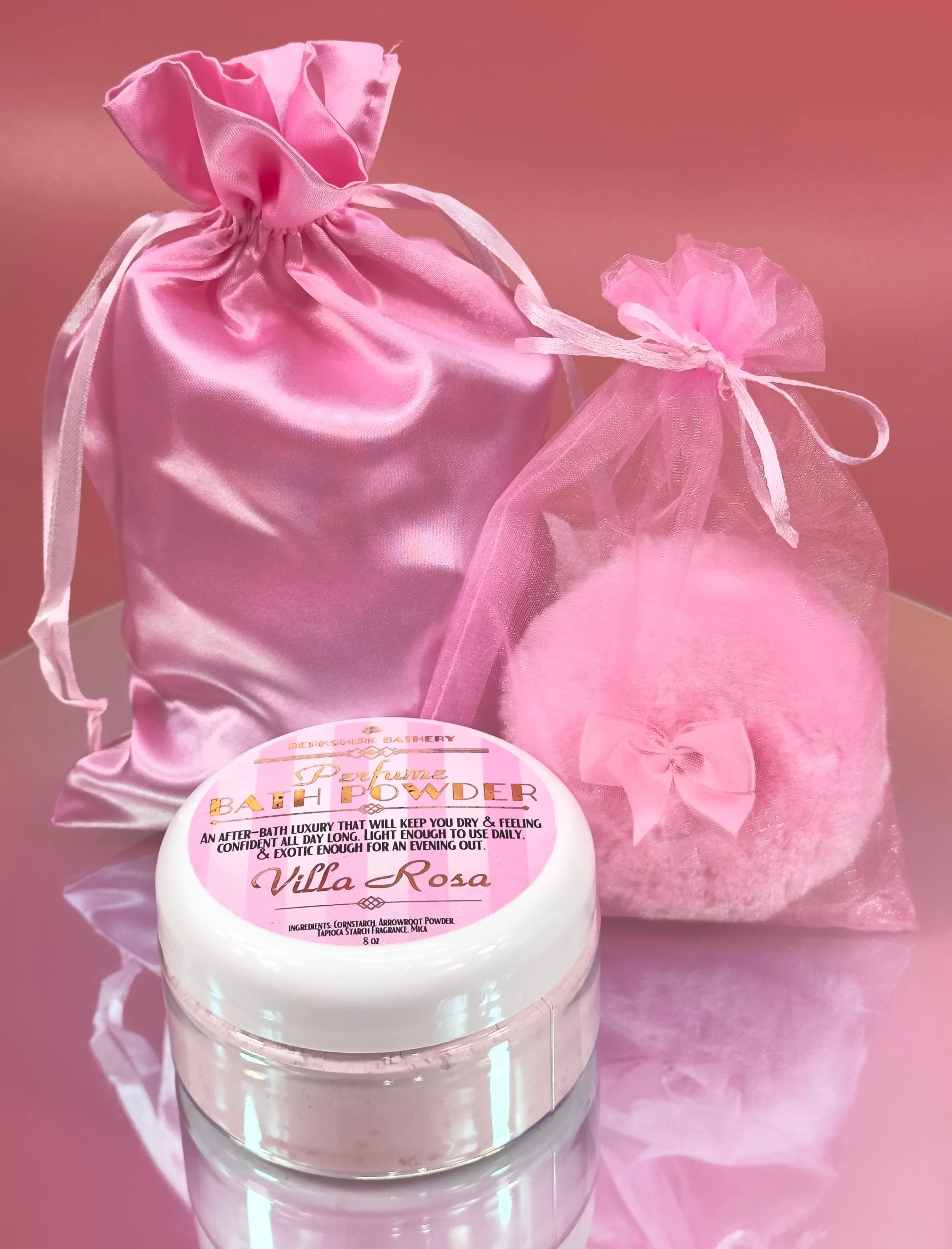 VILLA ROSA | Vintage Style Perfumed Body Powder   Pink Puff Applicator - 8 oz