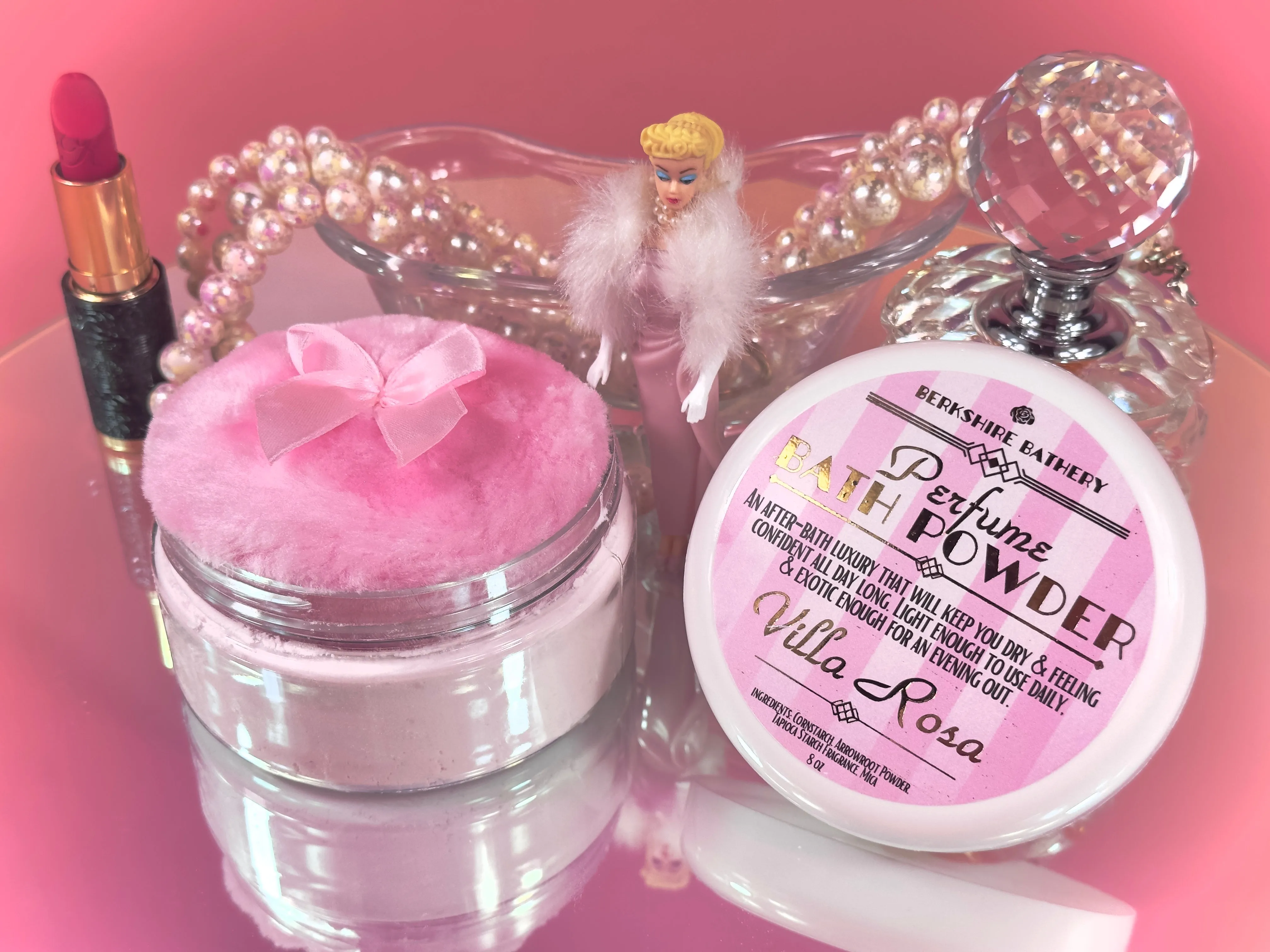 VILLA ROSA | Vintage Style Perfumed Body Powder   Pink Puff Applicator - 8 oz