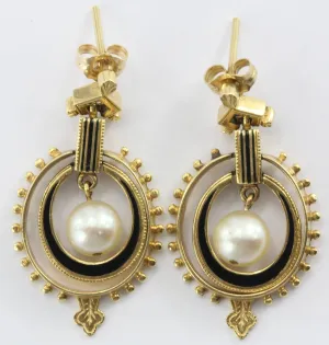 Vintage 14K Gold Enamel & Pearl Victorian Revival Earrings