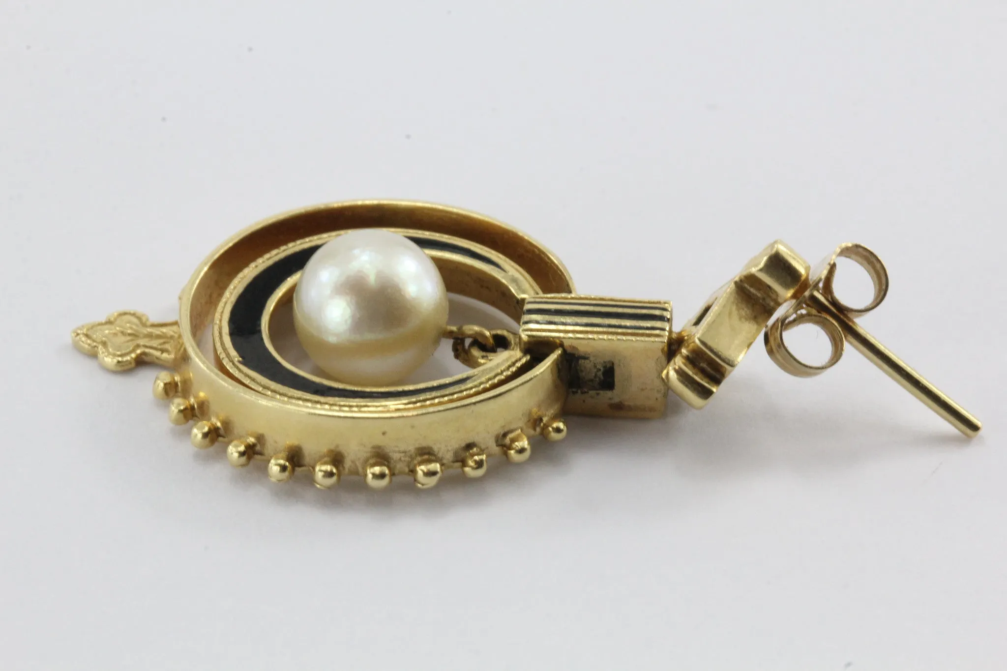 Vintage 14K Gold Enamel & Pearl Victorian Revival Earrings