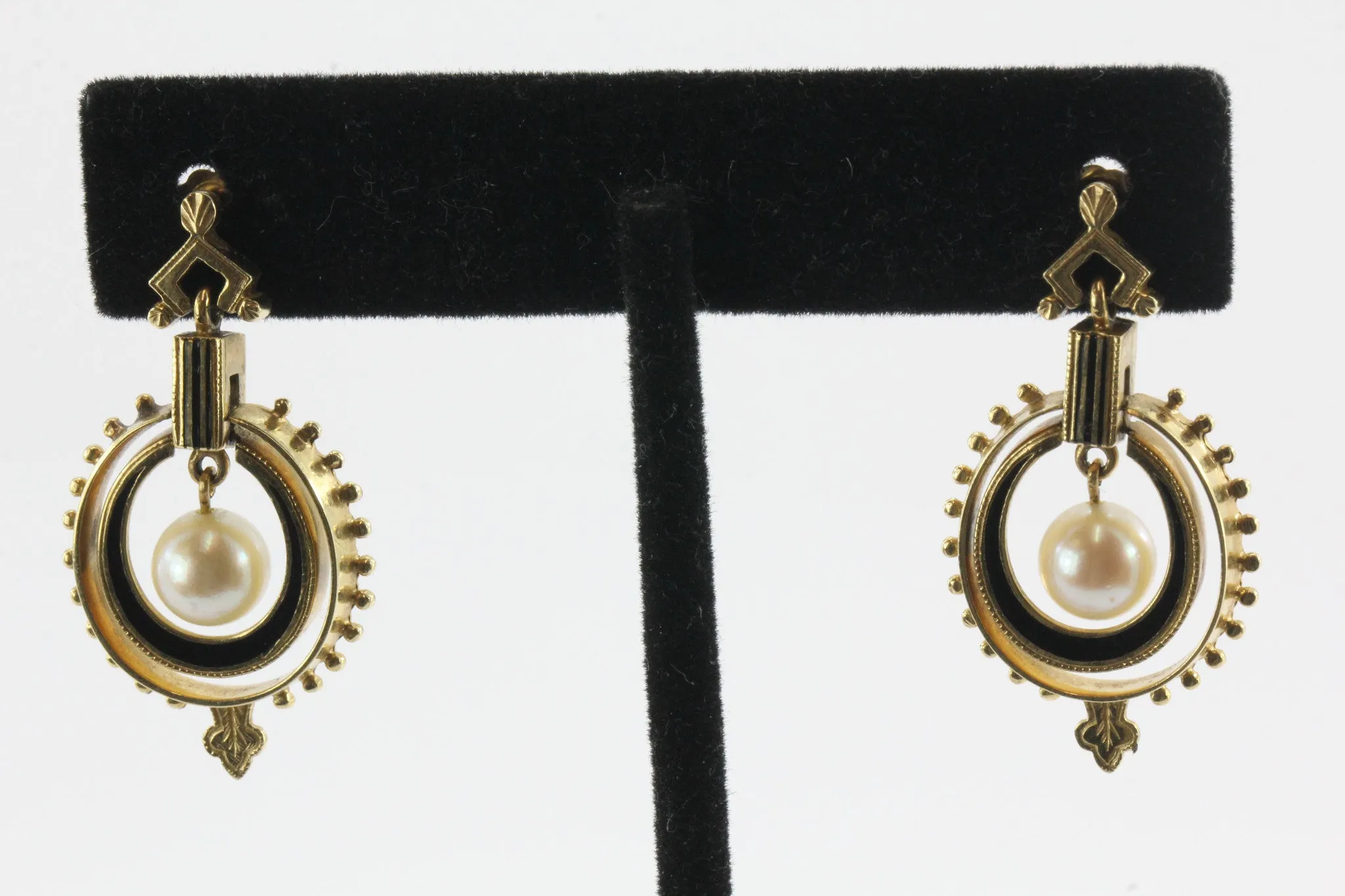 Vintage 14K Gold Enamel & Pearl Victorian Revival Earrings