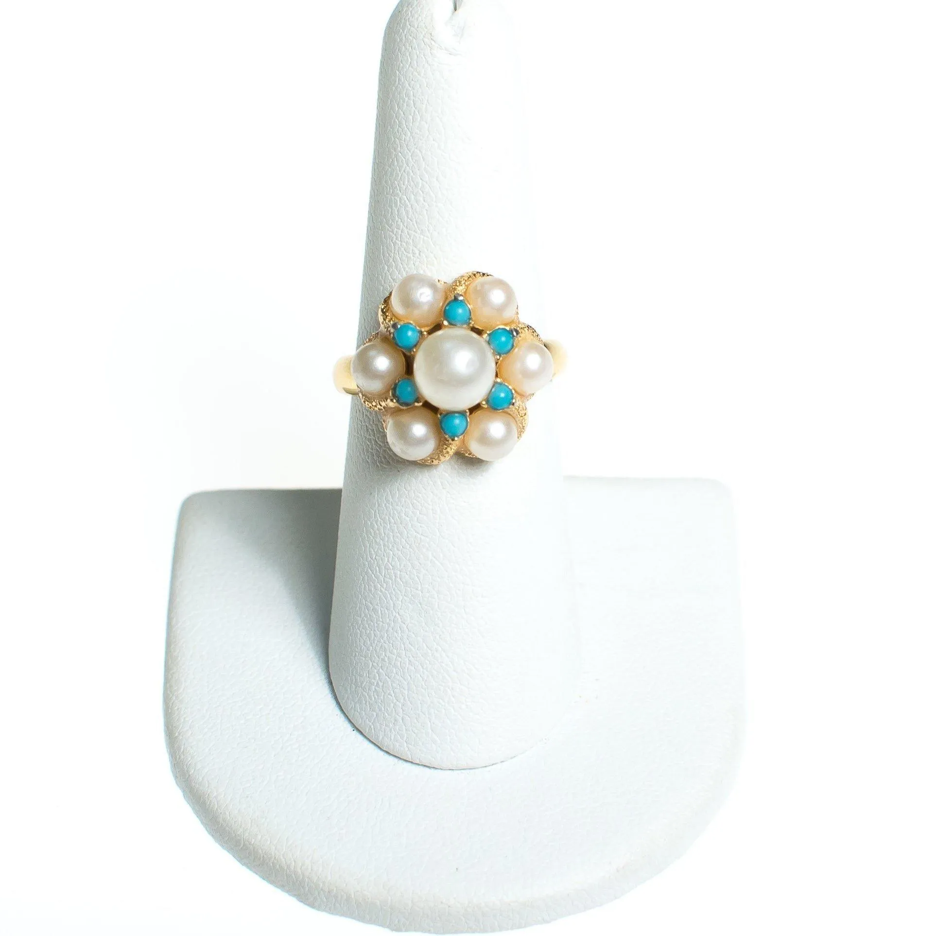 Vintage 1970s Avon Faux Pearl and Turquoise Bead Adjustable Cocktail Statement Ring