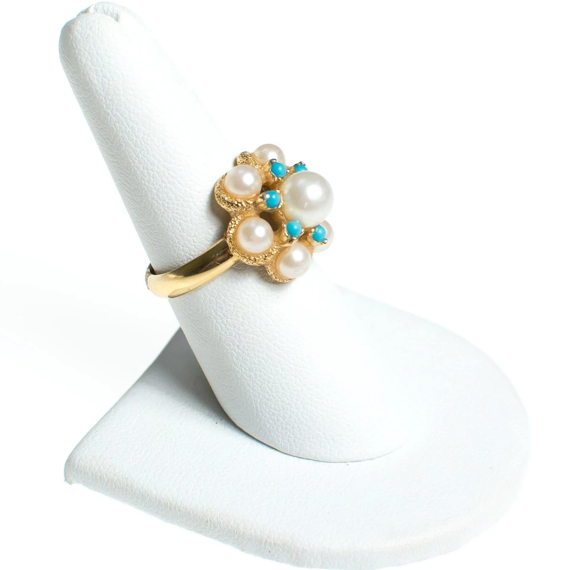 Vintage 1970s Avon Faux Pearl and Turquoise Bead Adjustable Cocktail Statement Ring