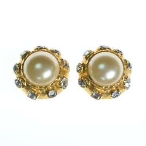 Vintage 1980s Etruscan Revival Pearl and Bezel Set Rhinestone Statement Earrings