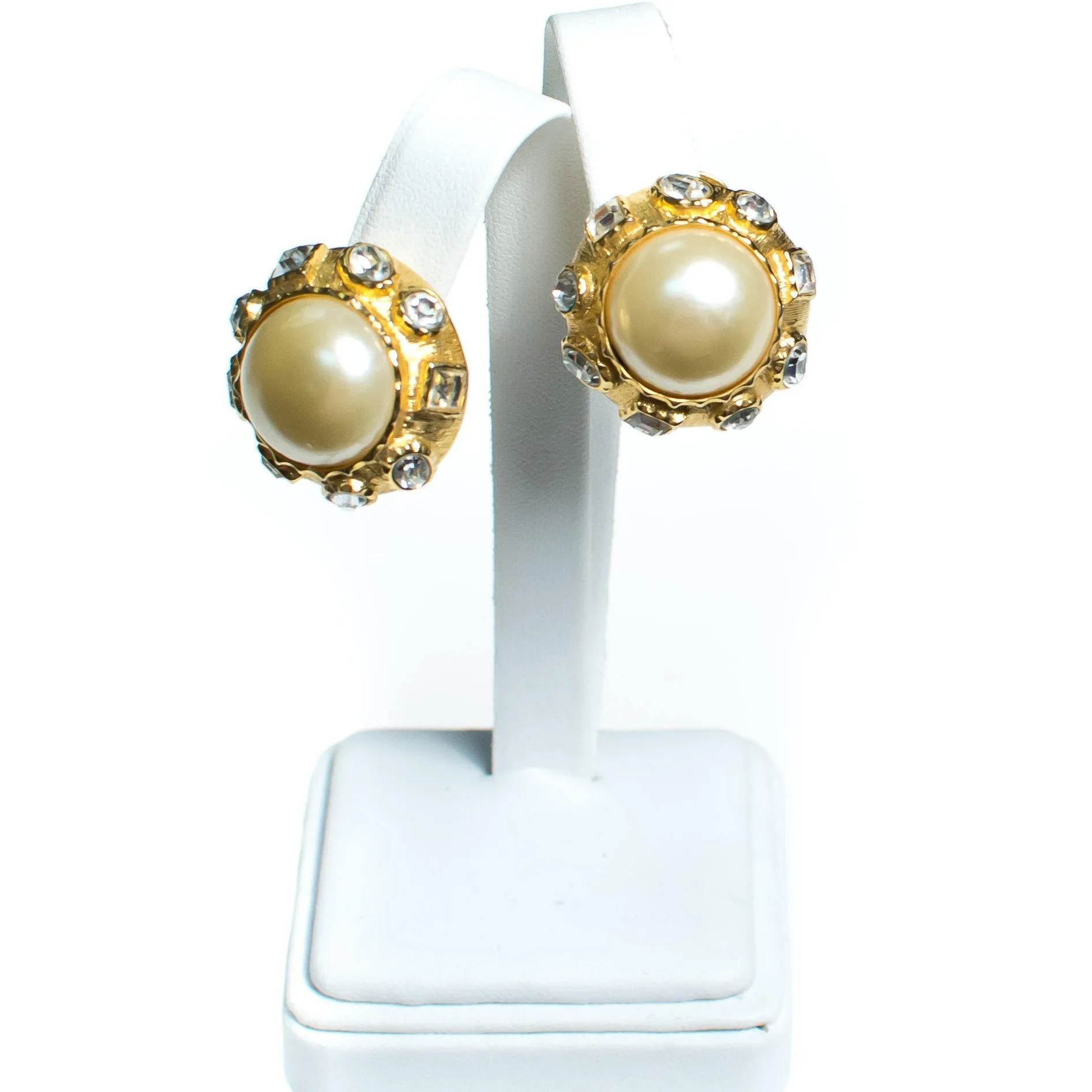 Vintage 1980s Etruscan Revival Pearl and Bezel Set Rhinestone Statement Earrings