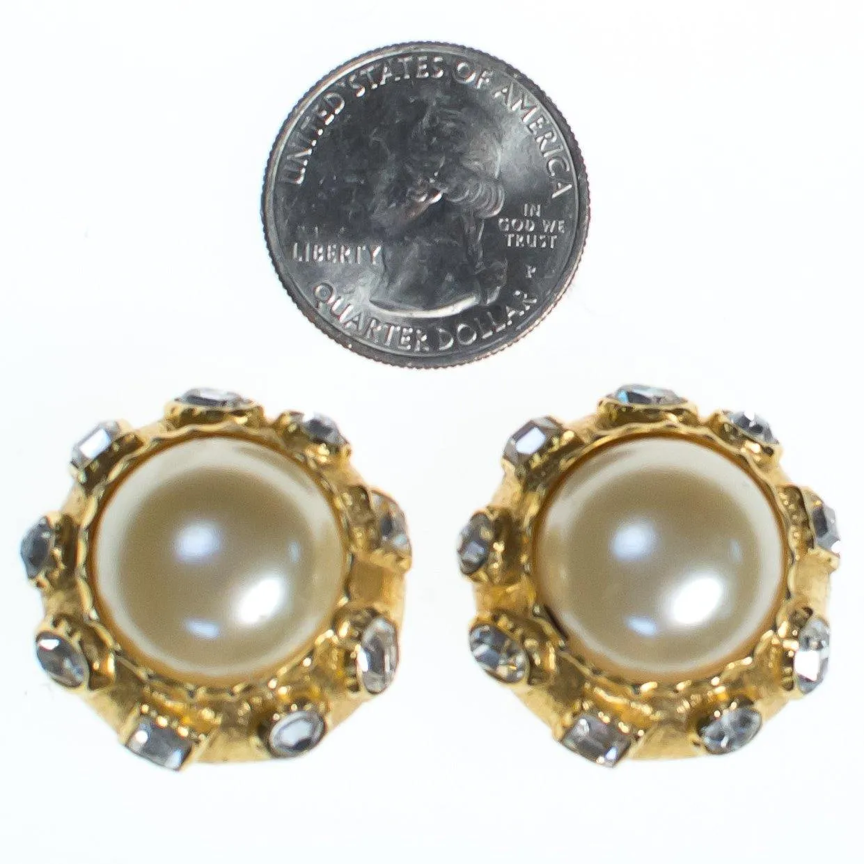 Vintage 1980s Etruscan Revival Pearl and Bezel Set Rhinestone Statement Earrings