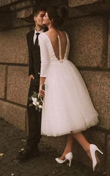 Vintage A Line Tea-length Plunging Neckline Satin Wedding Dress-716318