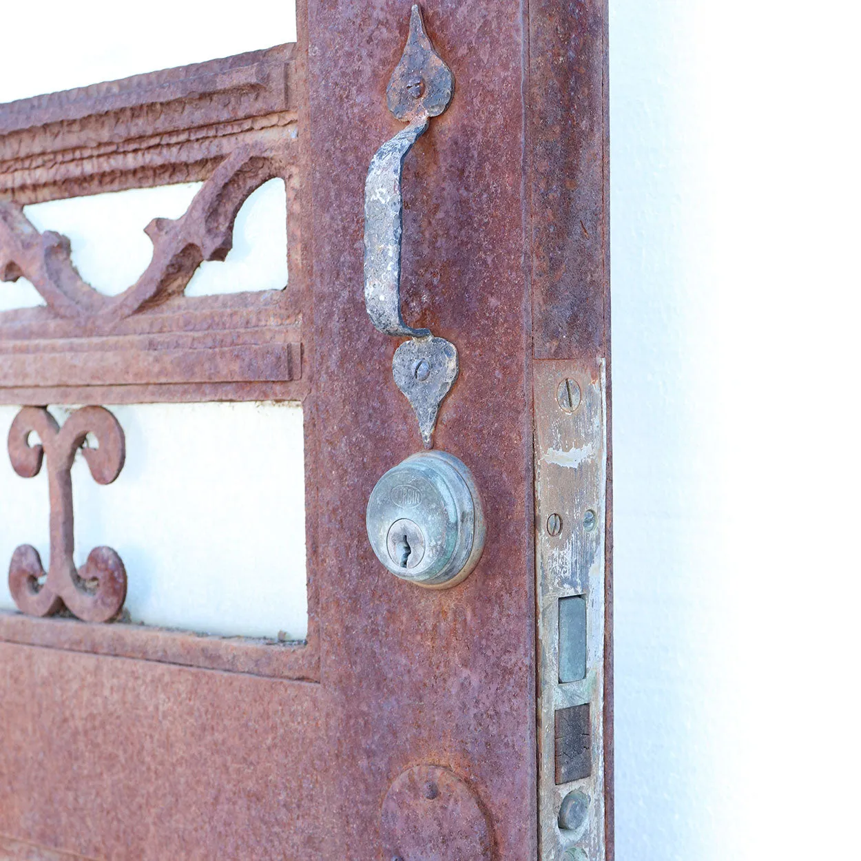 Vintage American Gothic Revival Hammered Iron, Copper and Glass Single Door