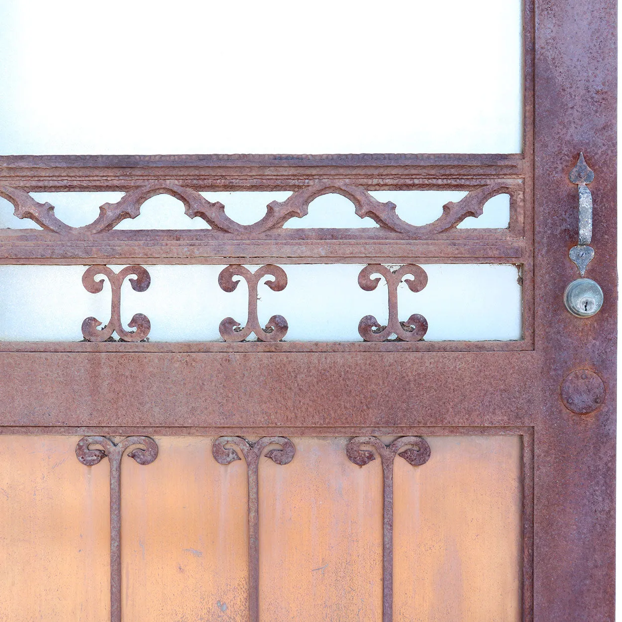 Vintage American Gothic Revival Hammered Iron, Copper and Glass Single Door