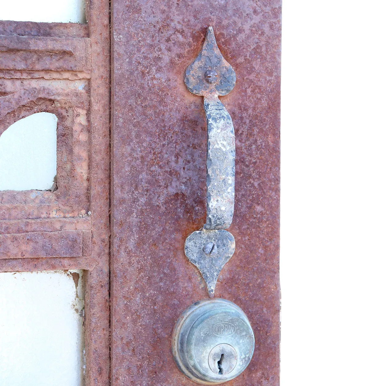 Vintage American Gothic Revival Hammered Iron, Copper and Glass Single Door