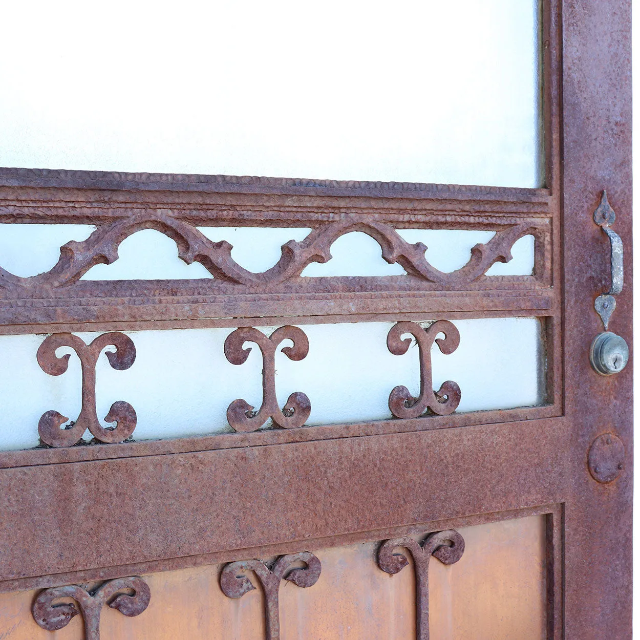 Vintage American Gothic Revival Hammered Iron, Copper and Glass Single Door