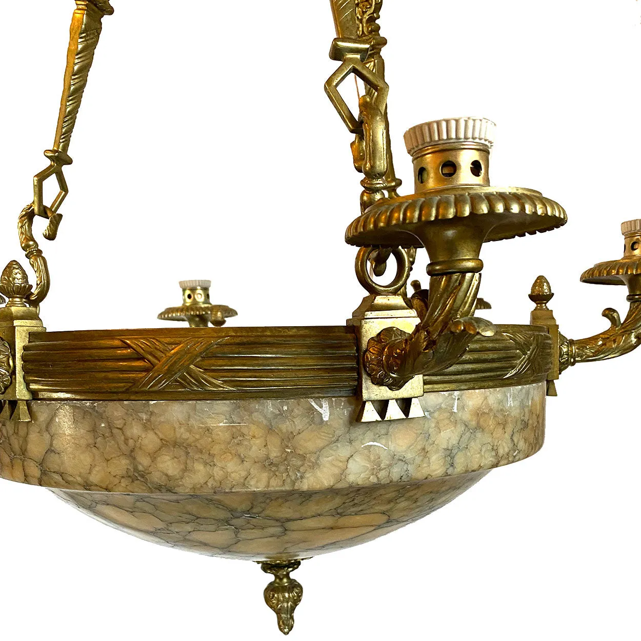 Vintage Argentine Gilt Brass and Alabaster Eight-Light Chandelier