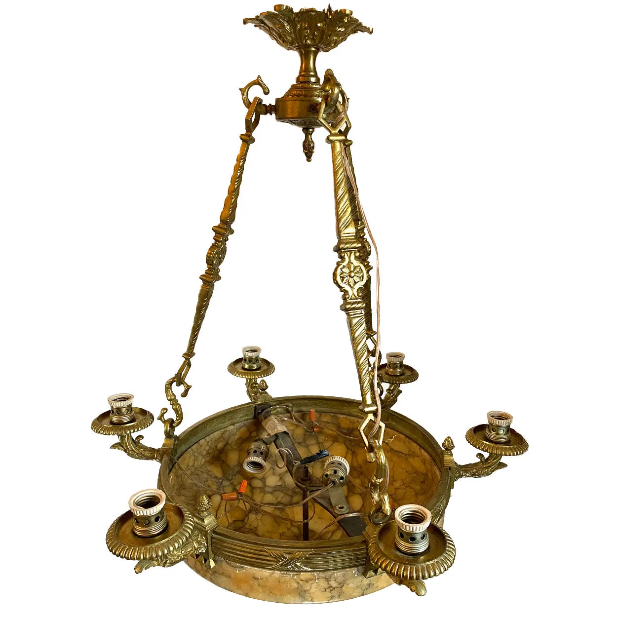 Vintage Argentine Gilt Brass and Alabaster Eight-Light Chandelier